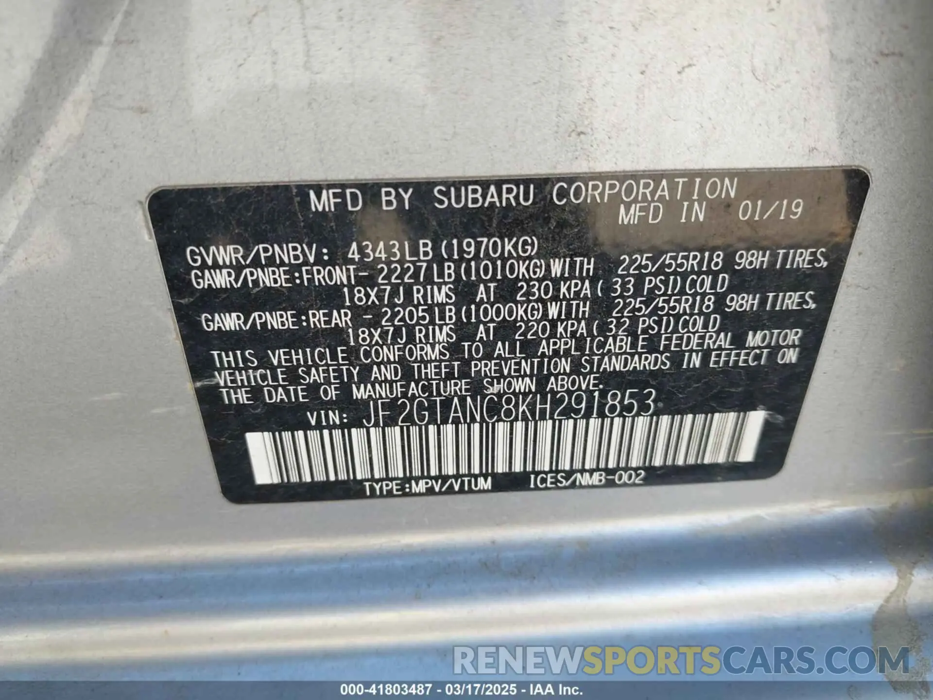 9 Photograph of a damaged car JF2GTANC8KH291853 SUBARU CROSSTREK 2019