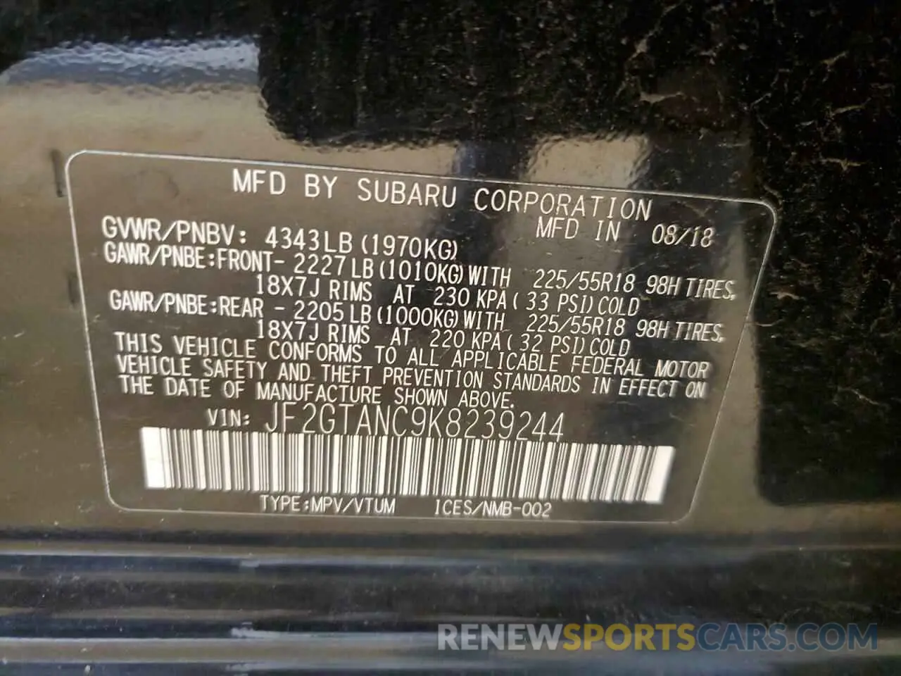 12 Photograph of a damaged car JF2GTANC9K8239244 SUBARU CROSSTREK 2019