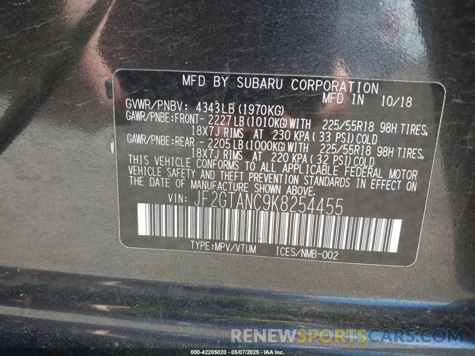 9 Photograph of a damaged car JF2GTANC9K8254455 SUBARU CROSSTREK 2019