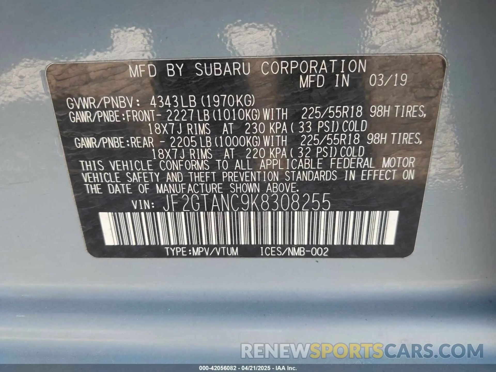 9 Photograph of a damaged car JF2GTANC9K8308255 SUBARU CROSSTREK 2019