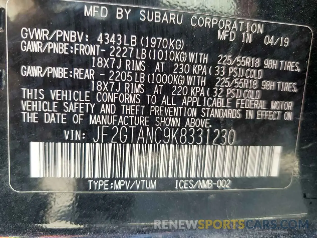 14 Photograph of a damaged car JF2GTANC9K8331230 SUBARU CROSSTREK 2019