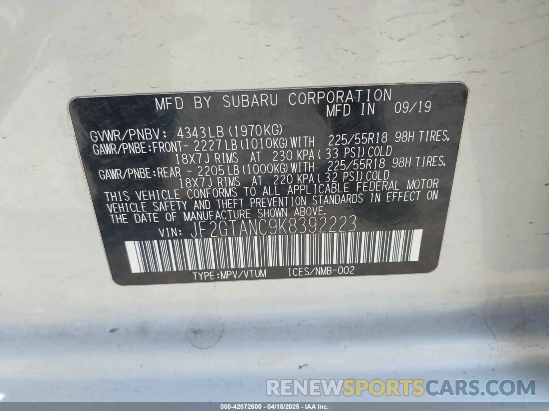 9 Photograph of a damaged car JF2GTANC9K8392223 SUBARU CROSSTREK 2019