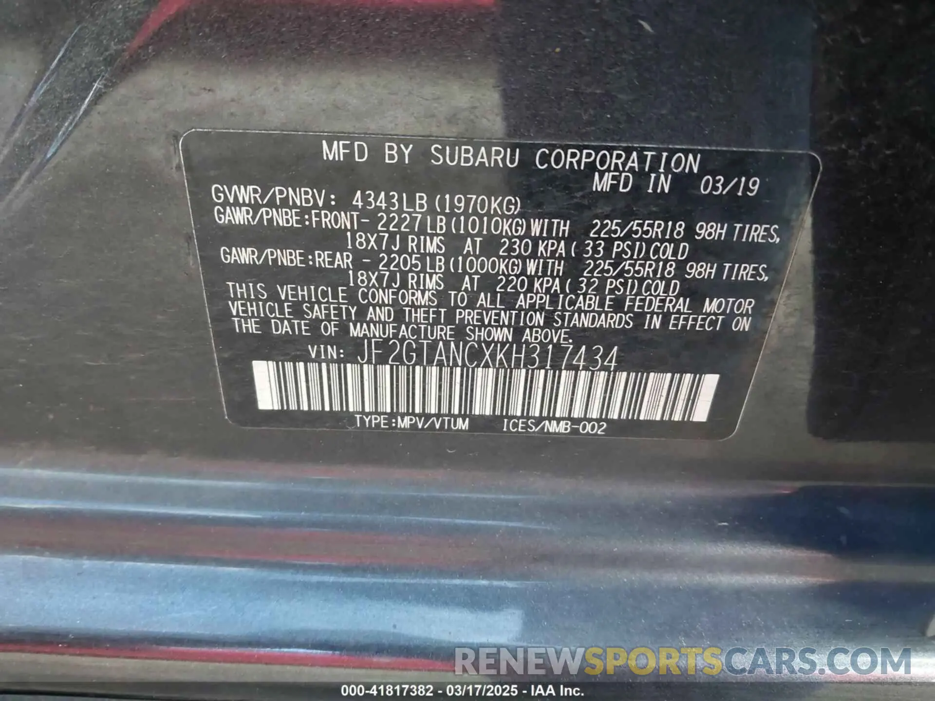 9 Photograph of a damaged car JF2GTANCXKH317434 SUBARU CROSSTREK 2019