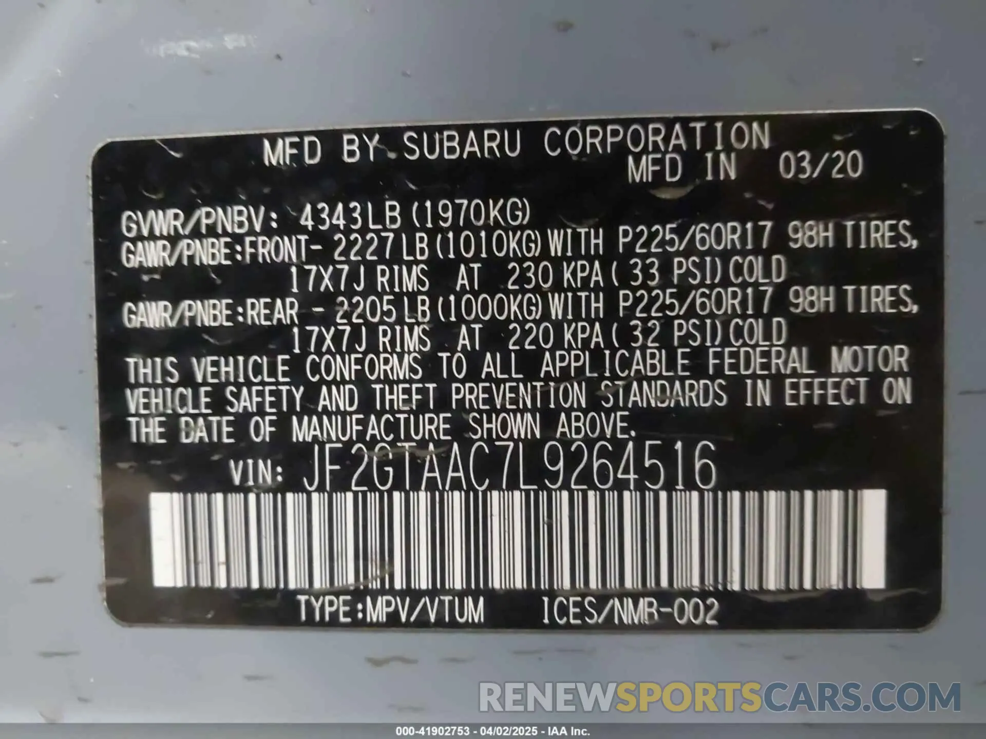9 Photograph of a damaged car JF2GTAAC7L9264516 SUBARU CROSSTREK 2020