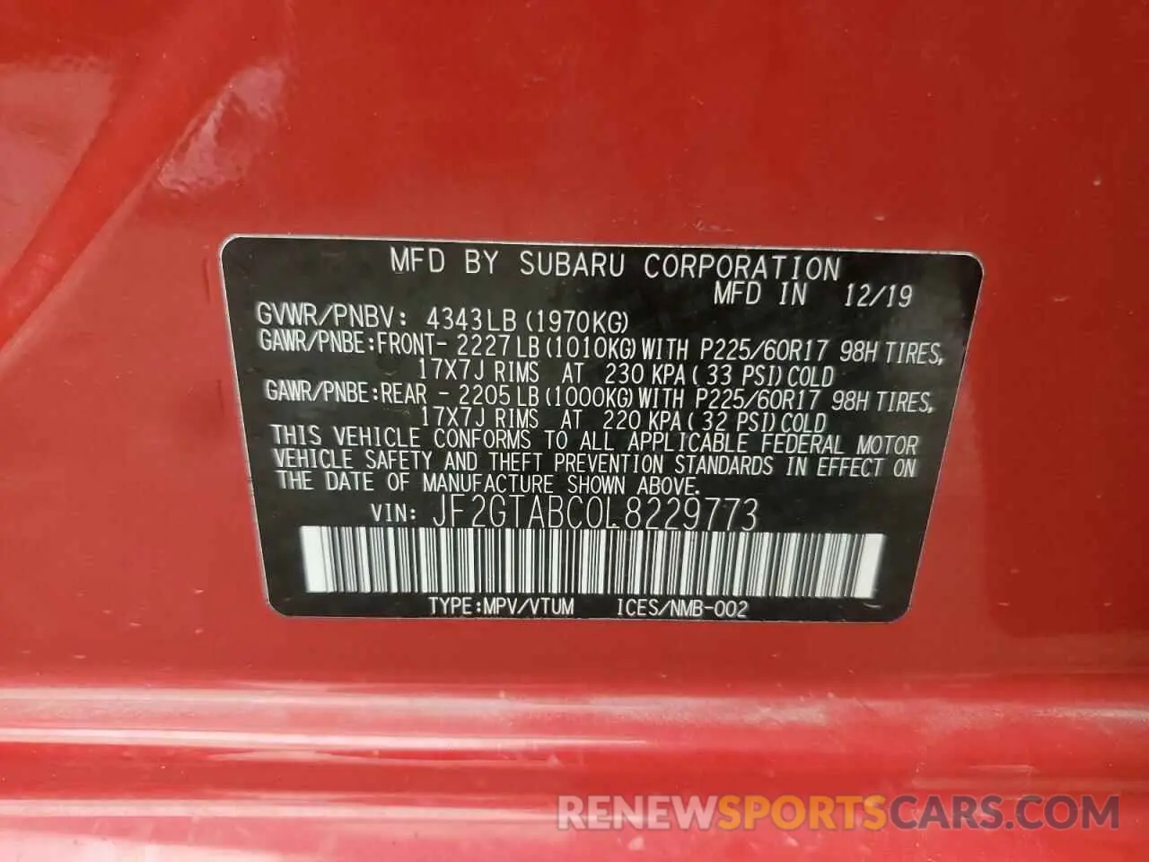 13 Photograph of a damaged car JF2GTABC0L8229773 SUBARU CROSSTREK 2020