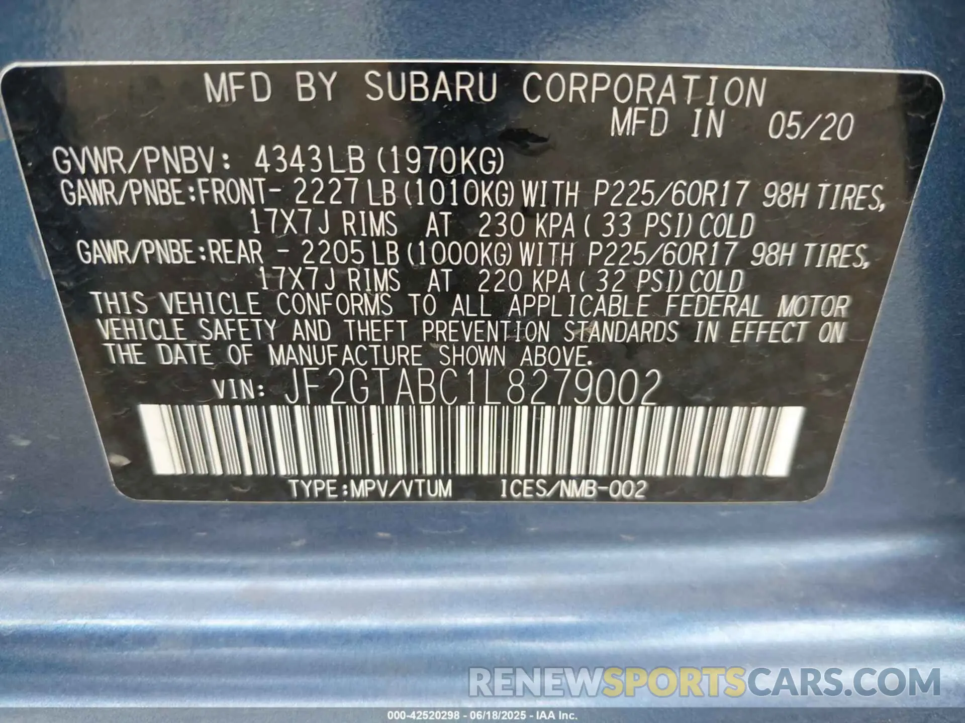 9 Photograph of a damaged car JF2GTABC1L8279002 SUBARU CROSSTREK 2020