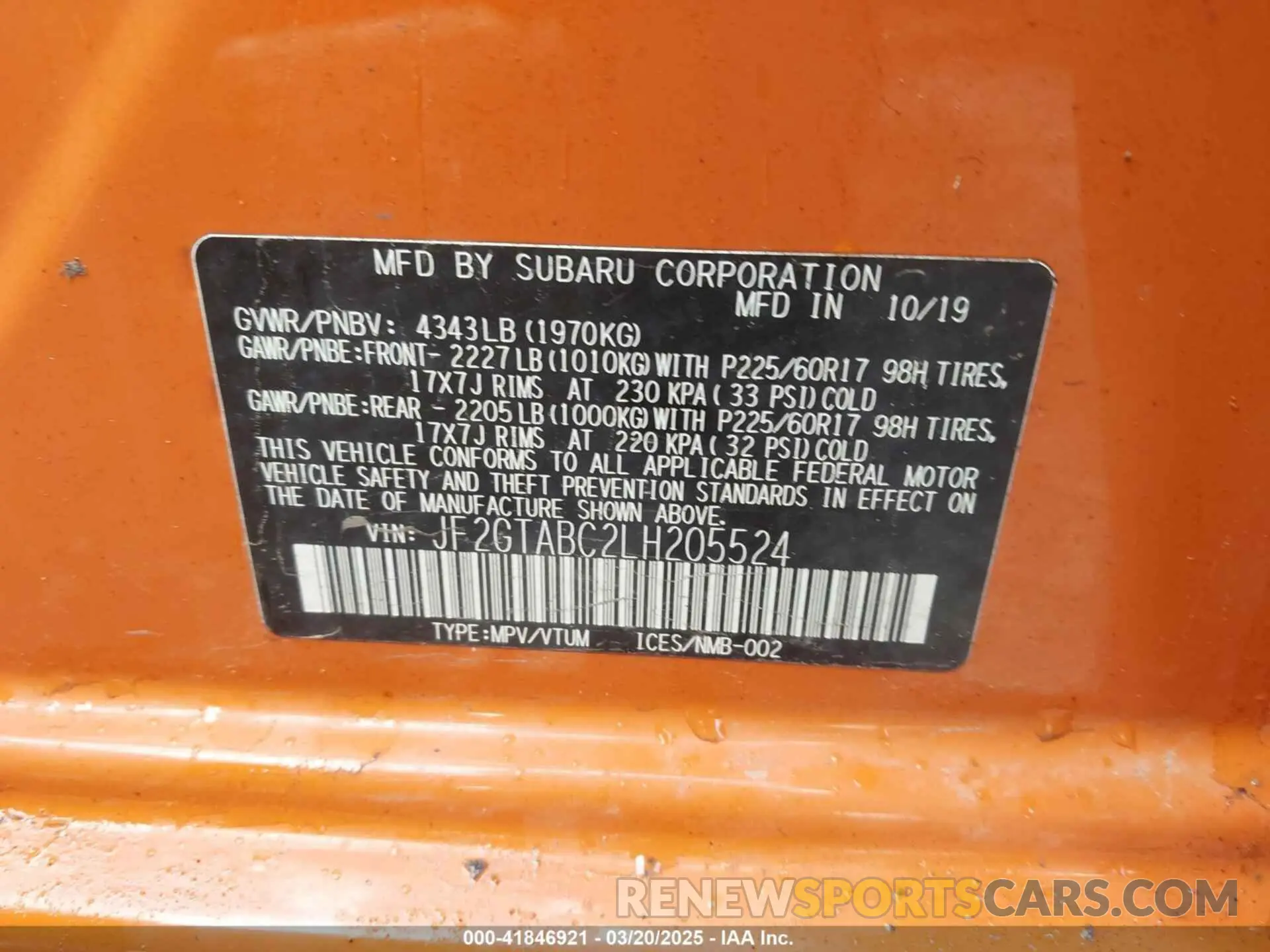 9 Photograph of a damaged car JF2GTABC2LH205524 SUBARU CROSSTREK 2020