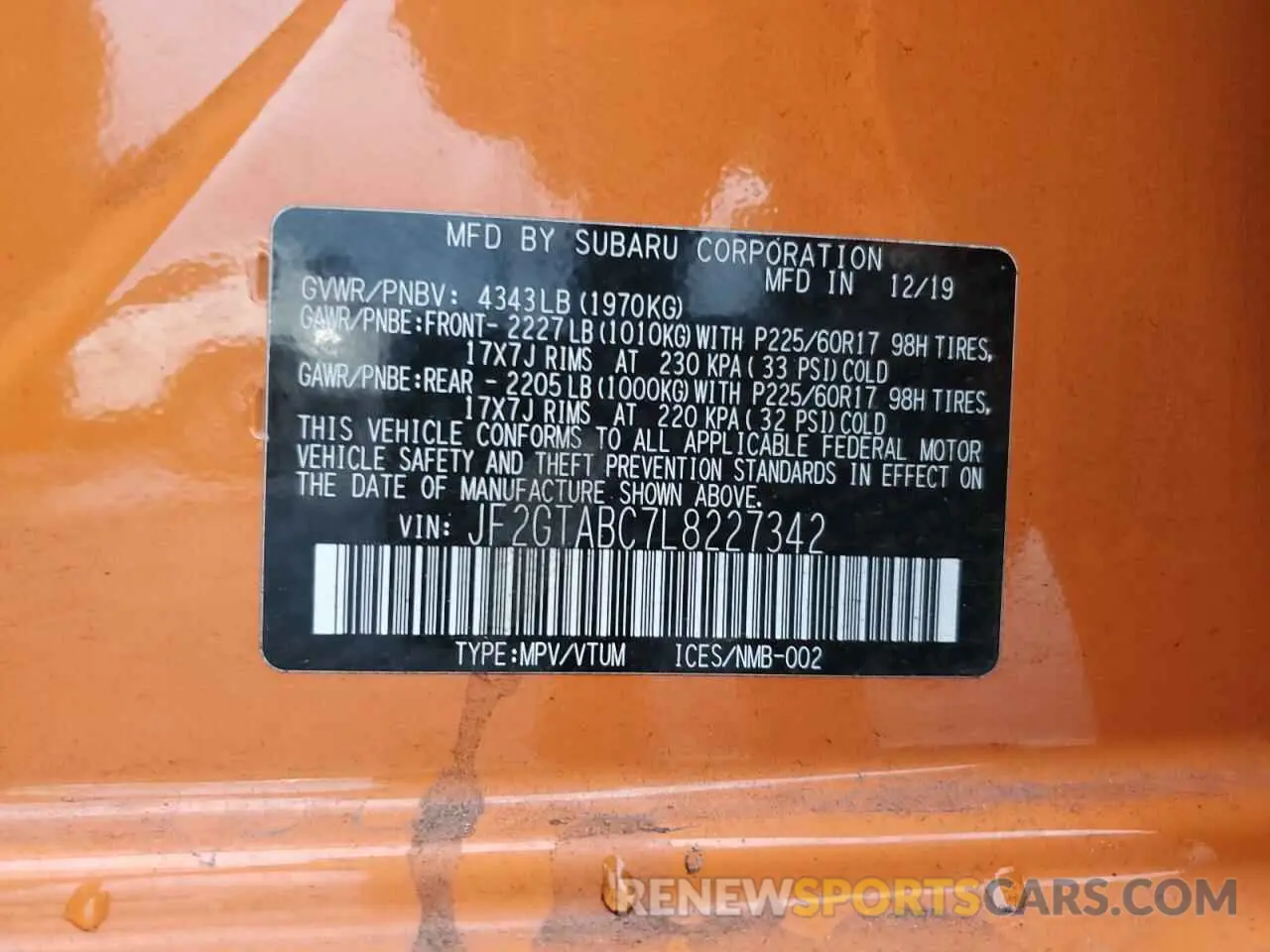 13 Photograph of a damaged car JF2GTABC7L8227342 SUBARU CROSSTREK 2020