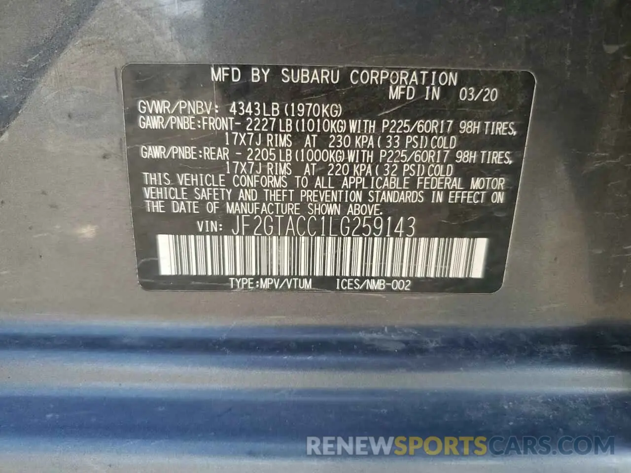 14 Photograph of a damaged car JF2GTACC1LG259143 SUBARU CROSSTREK 2020