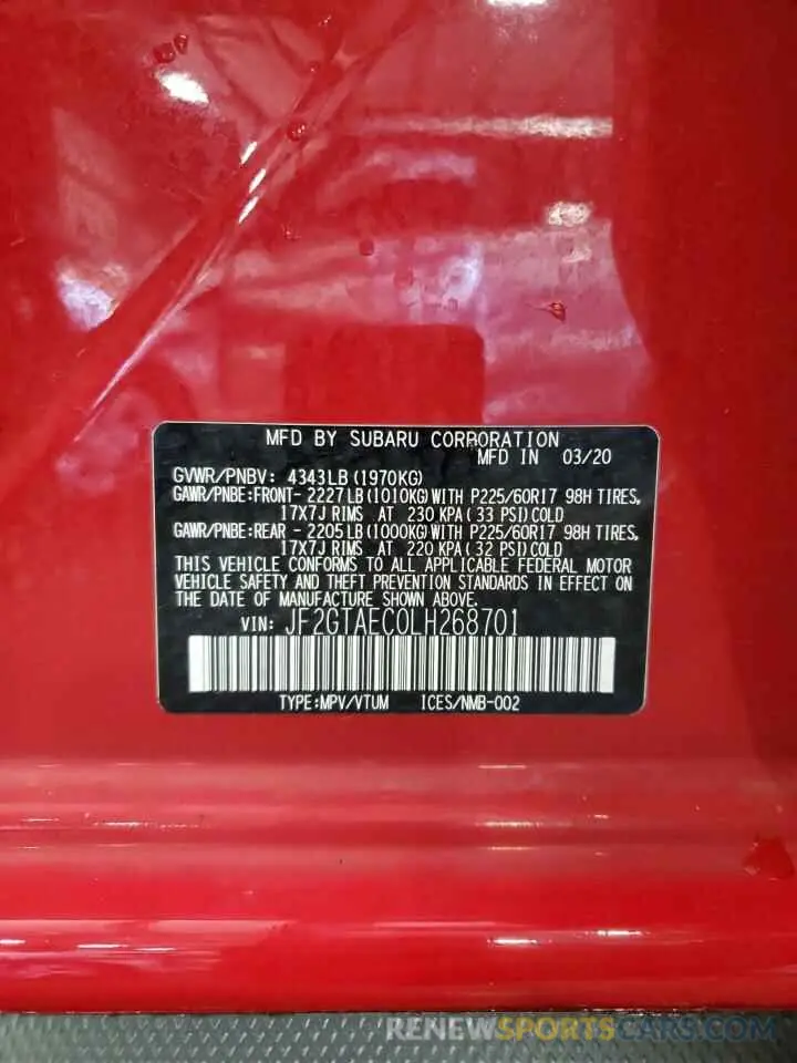 13 Photograph of a damaged car JF2GTAEC0LH268701 SUBARU CROSSTREK 2020