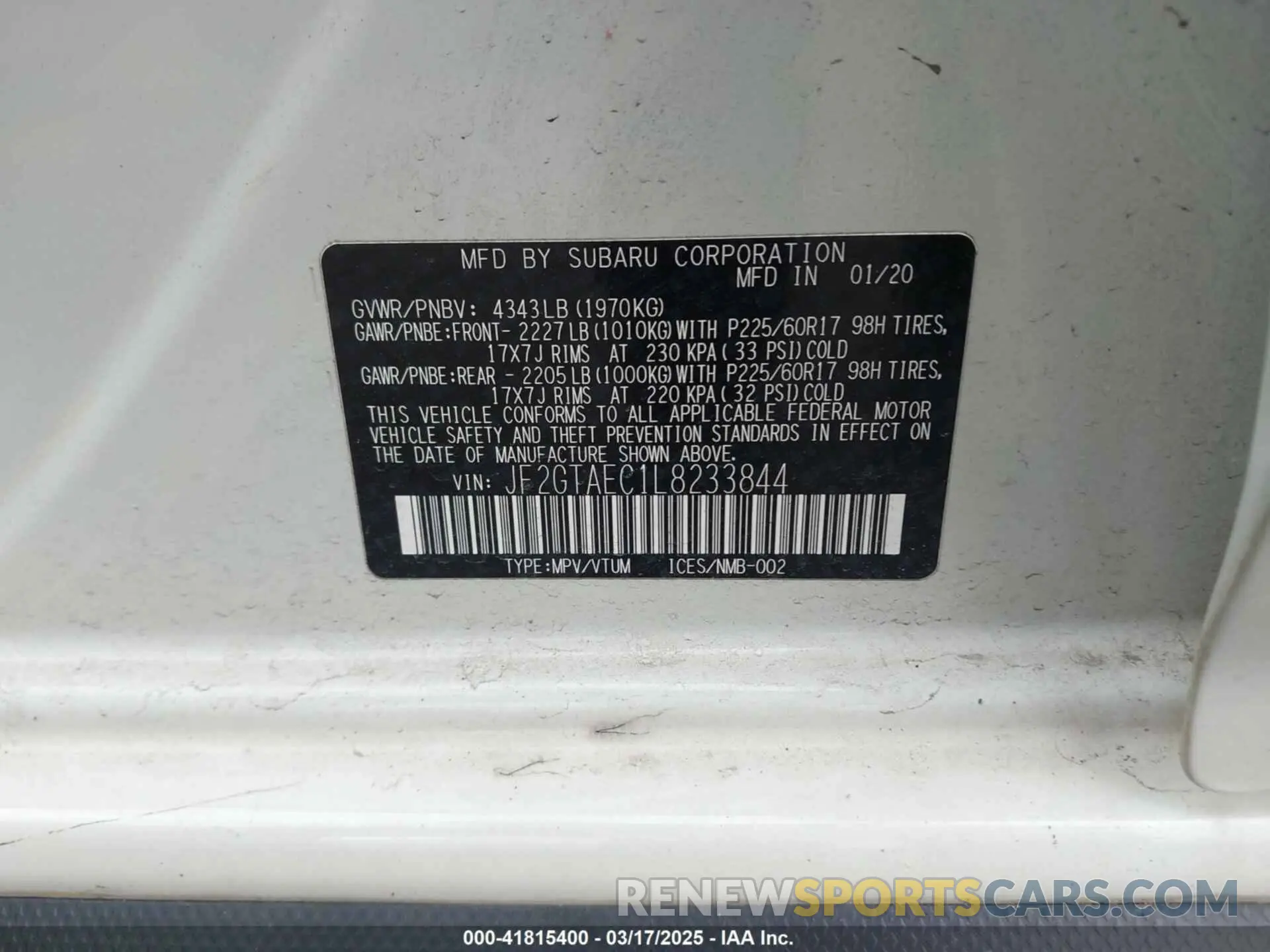 9 Photograph of a damaged car JF2GTAEC1L8233844 SUBARU CROSSTREK 2020