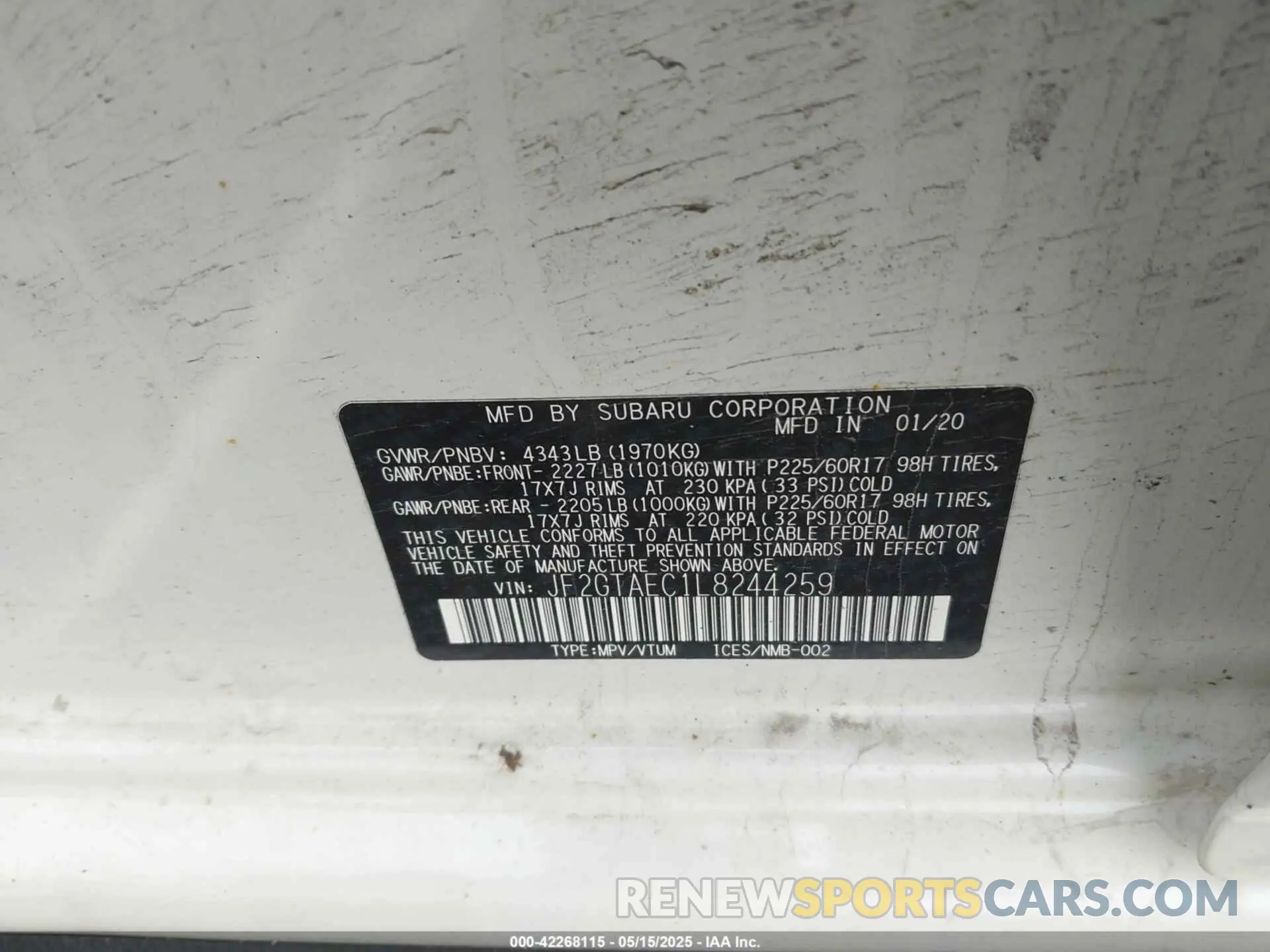 9 Photograph of a damaged car JF2GTAEC1L8244259 SUBARU CROSSTREK 2020