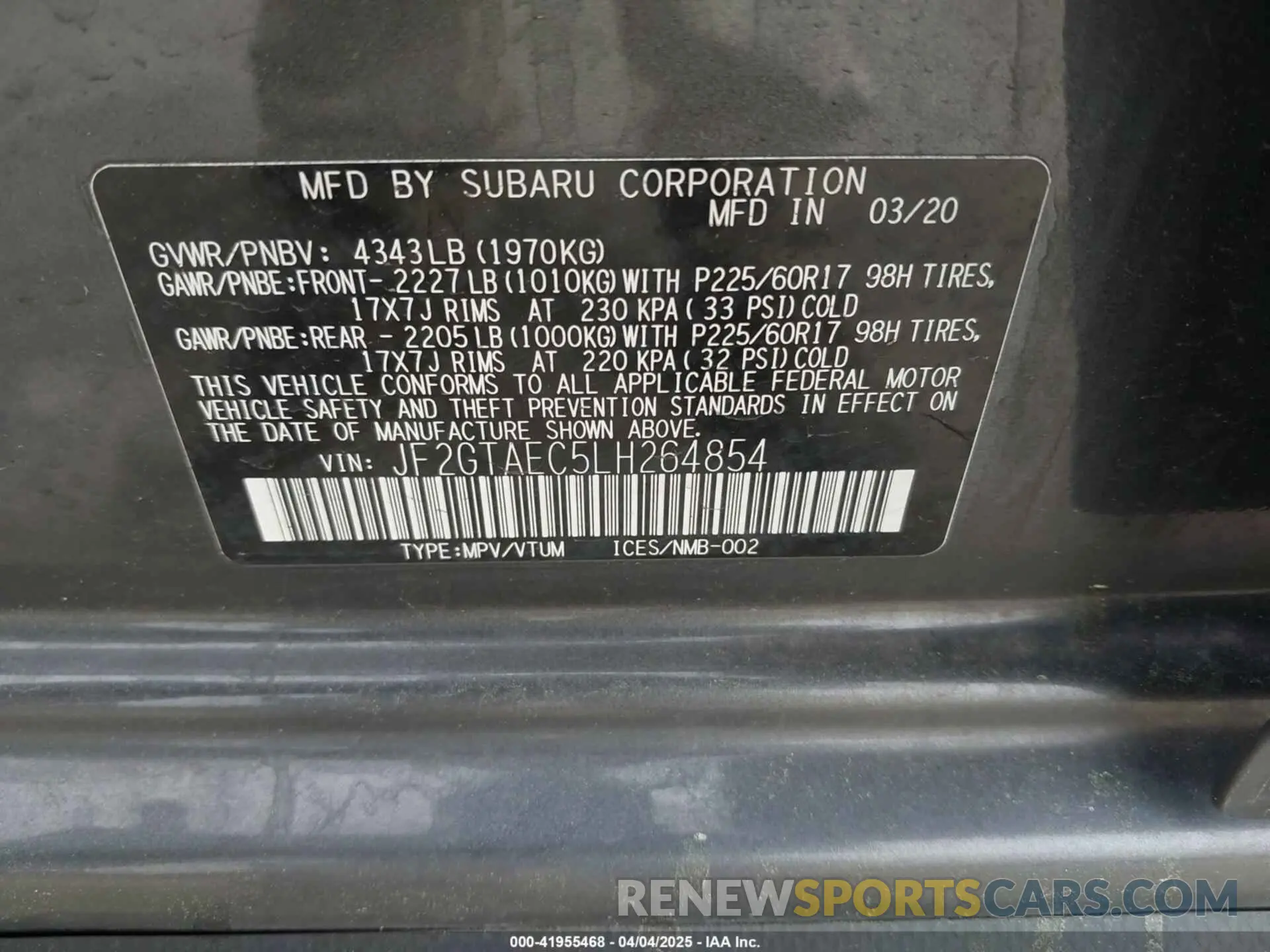 9 Photograph of a damaged car JF2GTAEC5LH264854 SUBARU CROSSTREK 2020