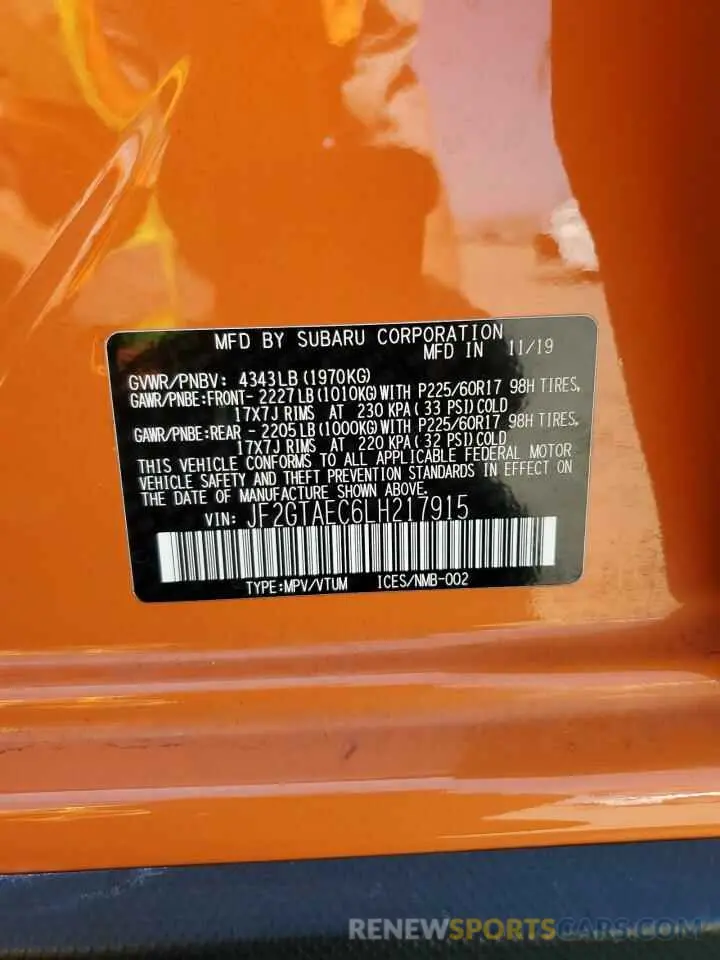 13 Photograph of a damaged car JF2GTAEC6LH217915 SUBARU CROSSTREK 2020