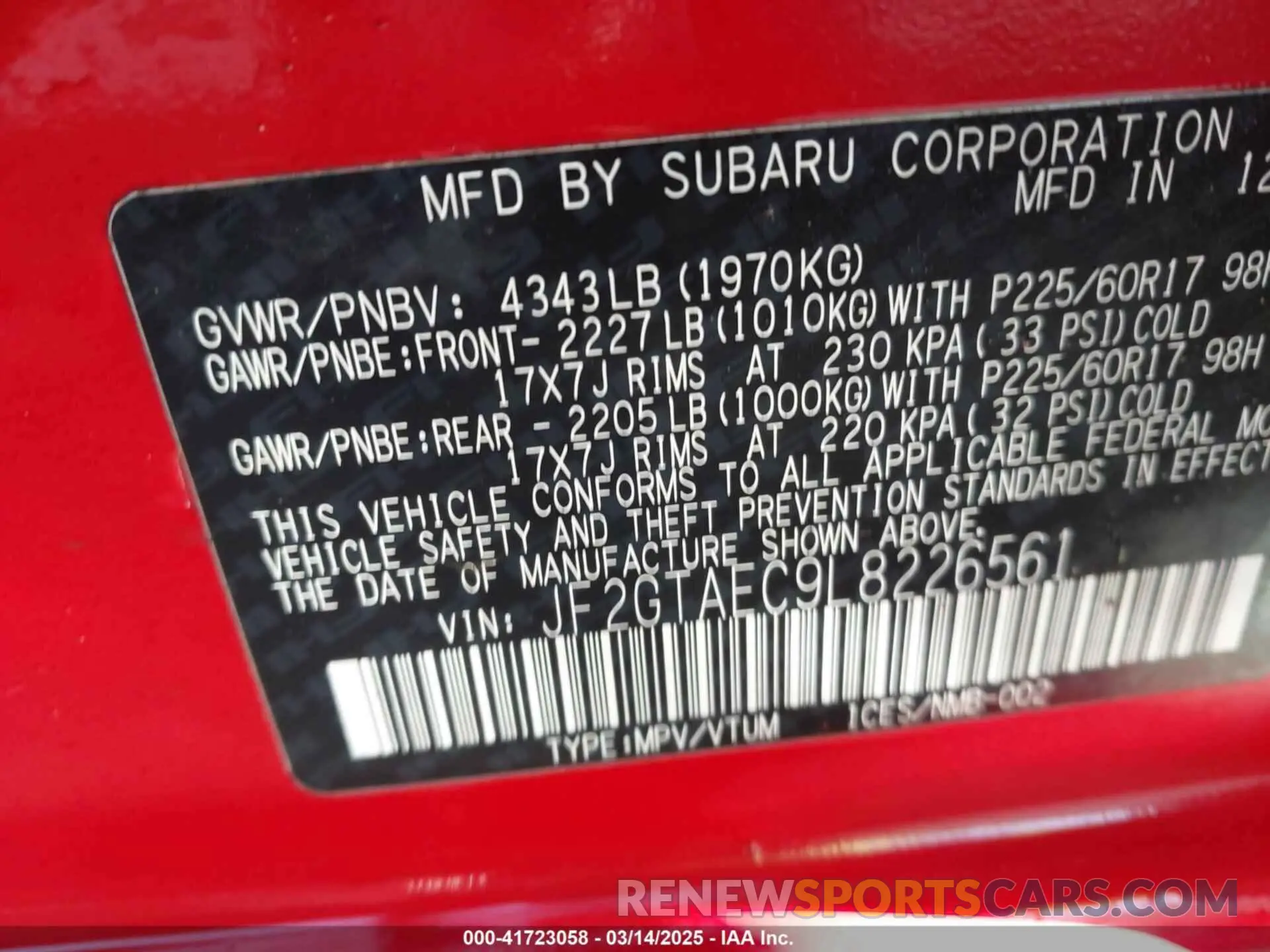 9 Photograph of a damaged car JF2GTAEC9L8226561 SUBARU CROSSTREK 2020