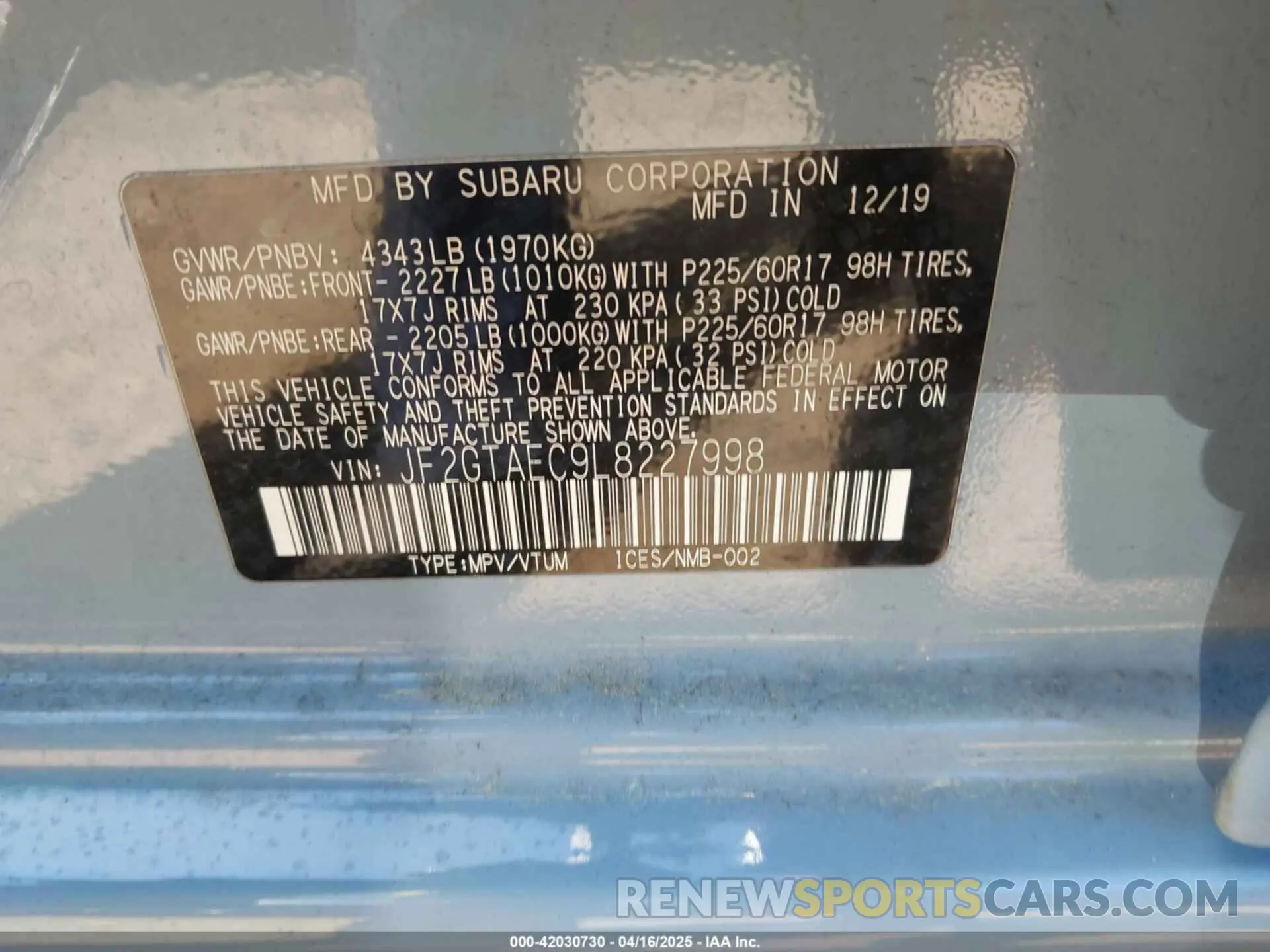 9 Photograph of a damaged car JF2GTAEC9L8227998 SUBARU CROSSTREK 2020