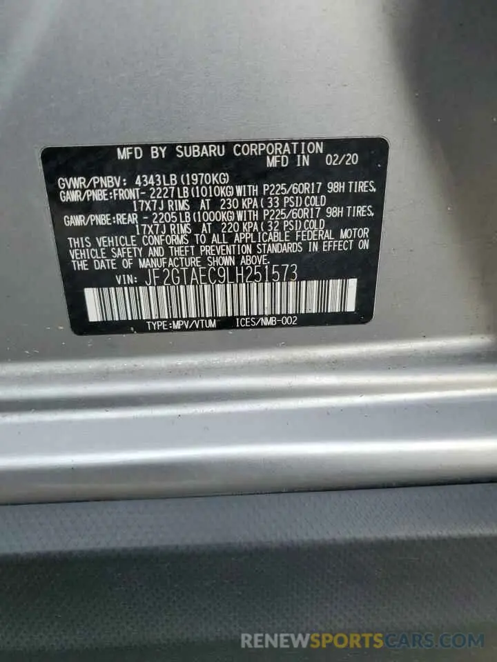 13 Photograph of a damaged car JF2GTAEC9LH251573 SUBARU CROSSTREK 2020