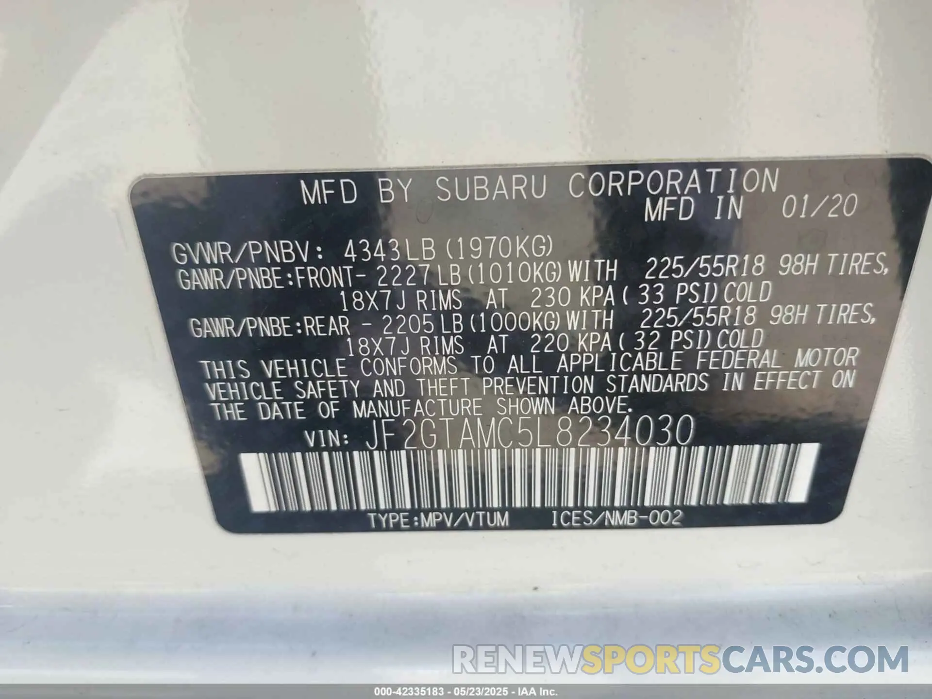 9 Photograph of a damaged car JF2GTAMC5L8234030 SUBARU CROSSTREK 2020