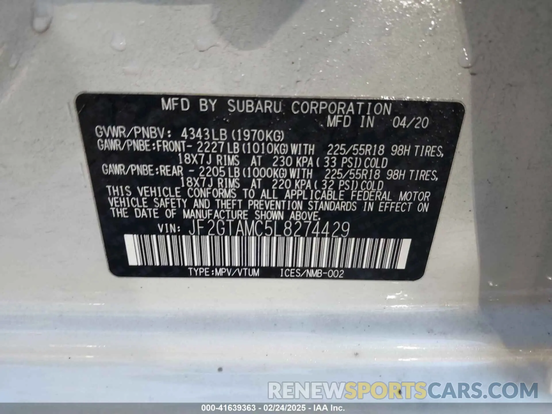 9 Photograph of a damaged car JF2GTAMC5L8274429 SUBARU CROSSTREK 2020