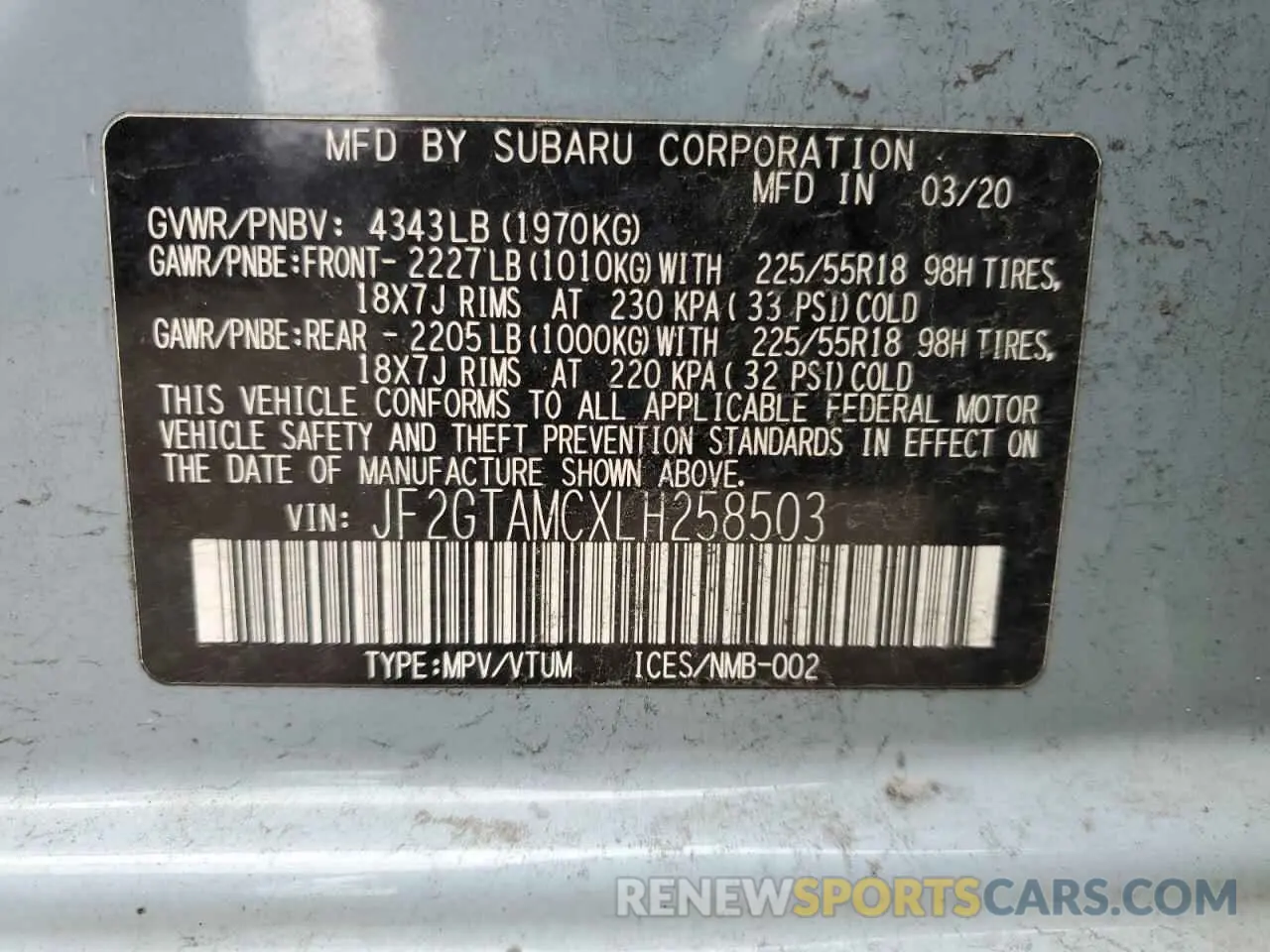 14 Photograph of a damaged car JF2GTAMCXLH258503 SUBARU CROSSTREK 2020