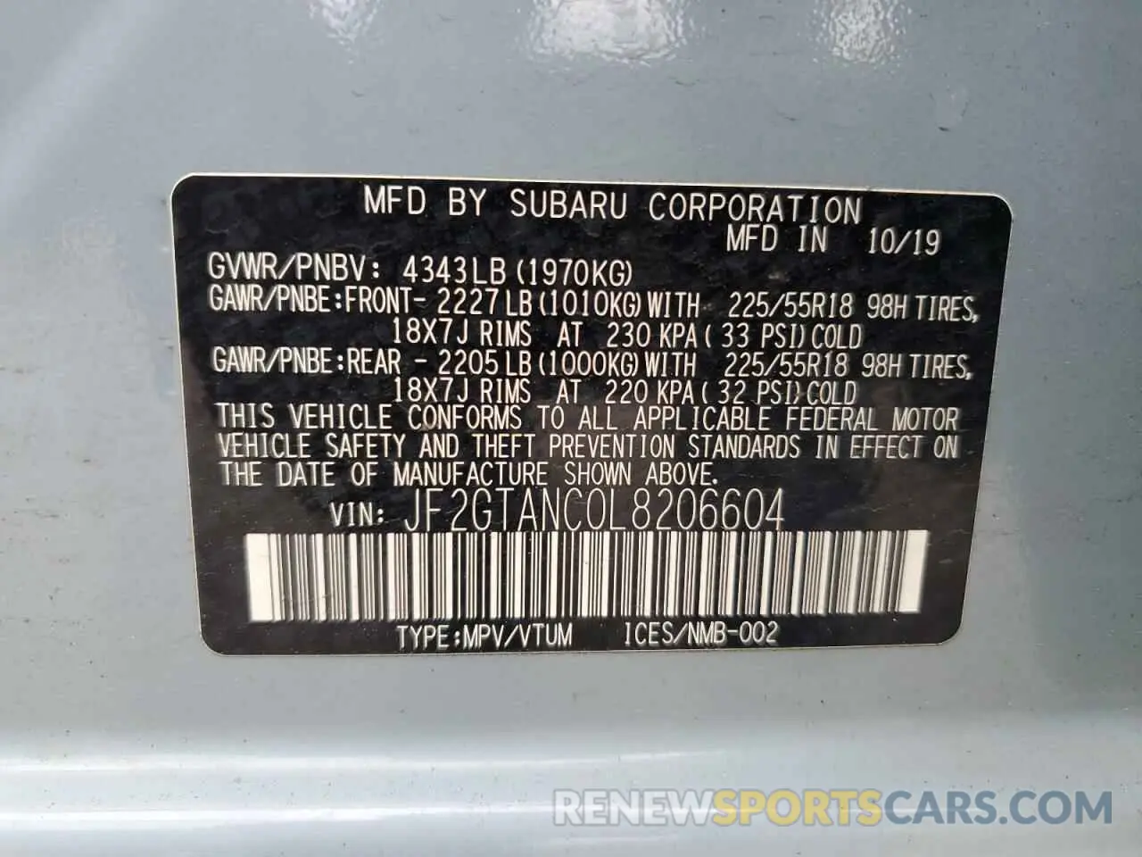 13 Photograph of a damaged car JF2GTANC0L8206604 SUBARU CROSSTREK 2020
