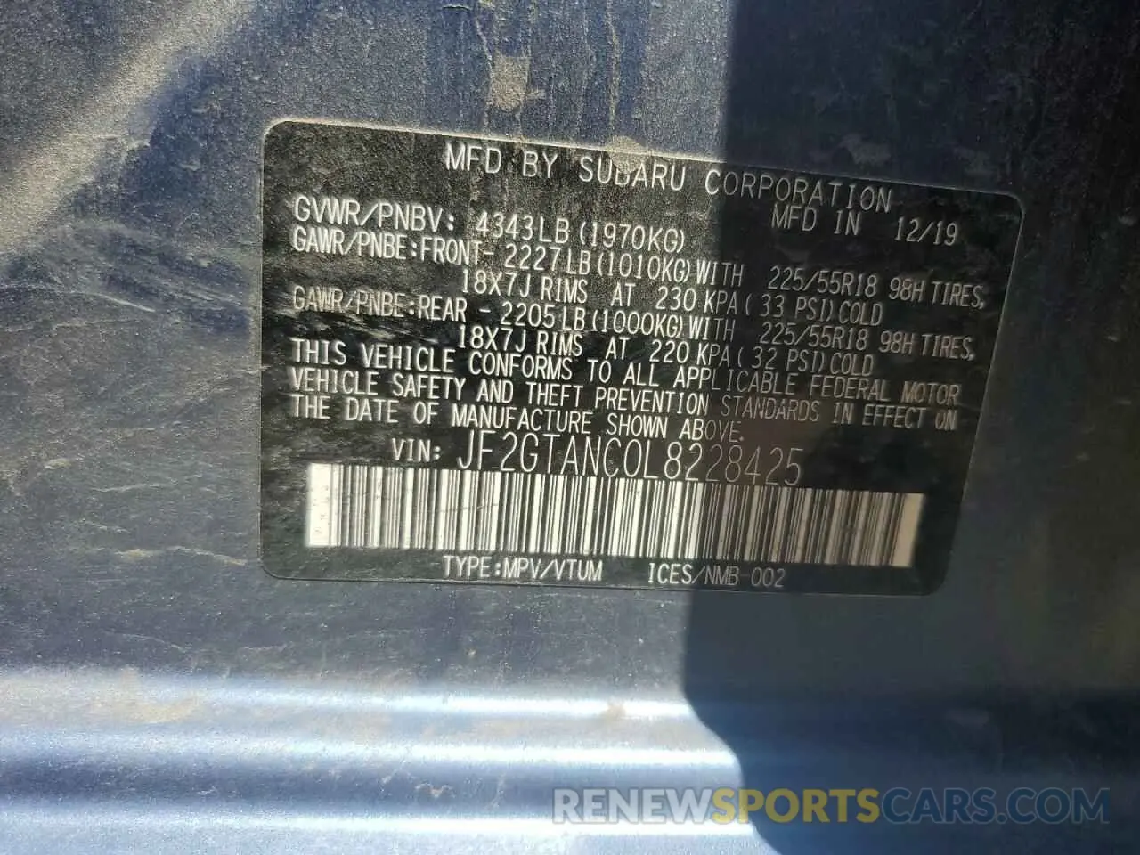13 Photograph of a damaged car JF2GTANC0L8228425 SUBARU CROSSTREK 2020