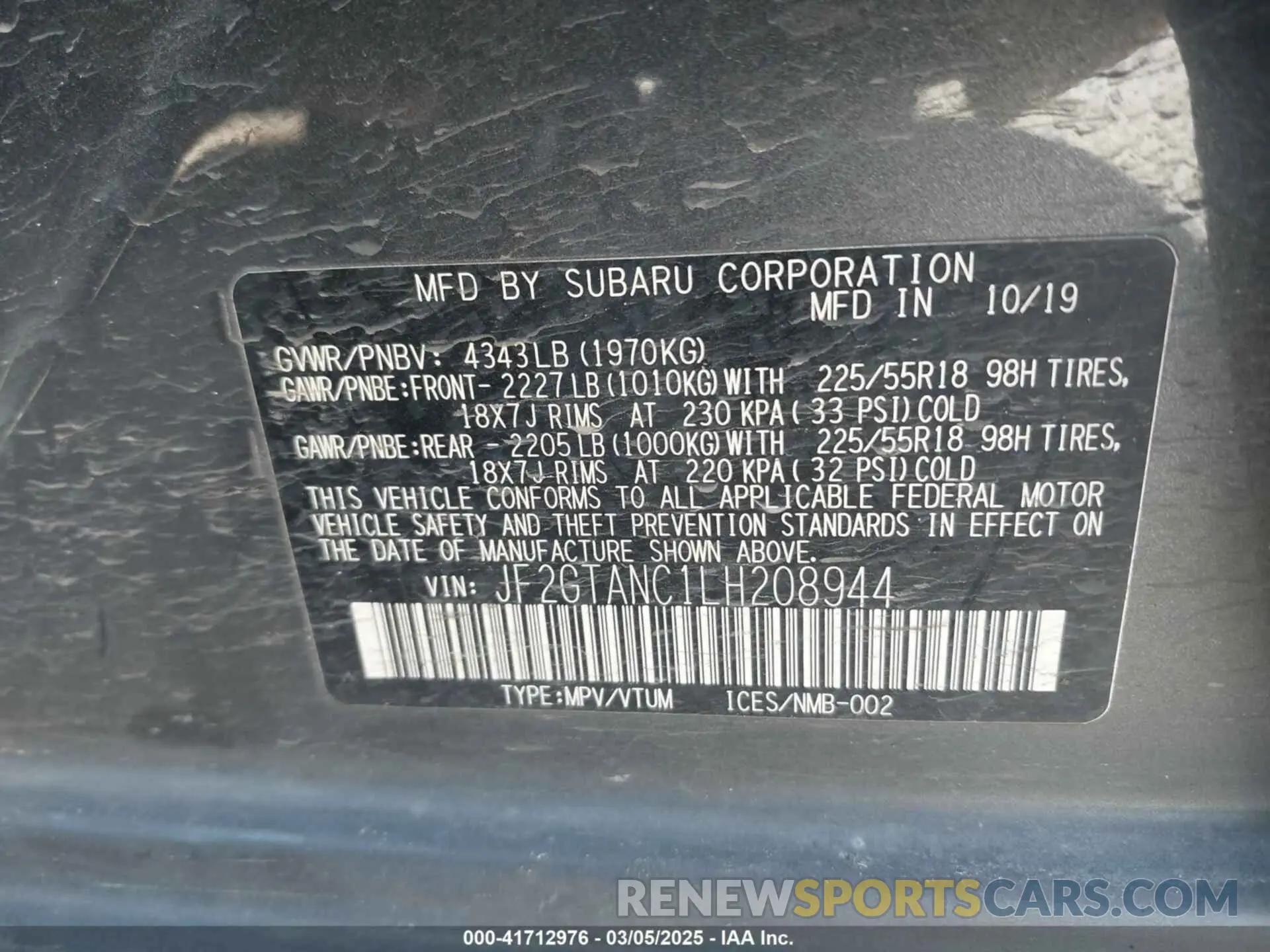 9 Photograph of a damaged car JF2GTANC1LH208944 SUBARU CROSSTREK 2020