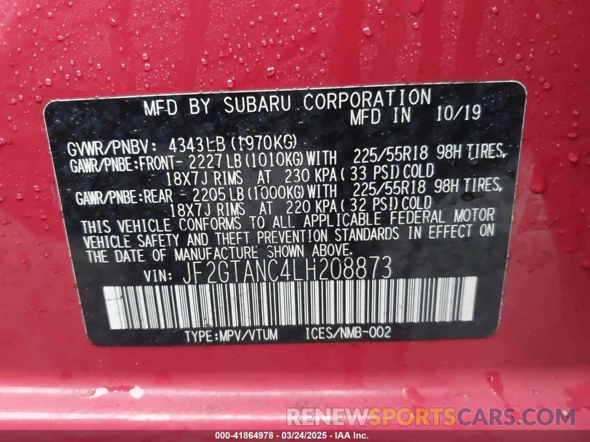 9 Photograph of a damaged car JF2GTANC4LH208873 SUBARU CROSSTREK 2020