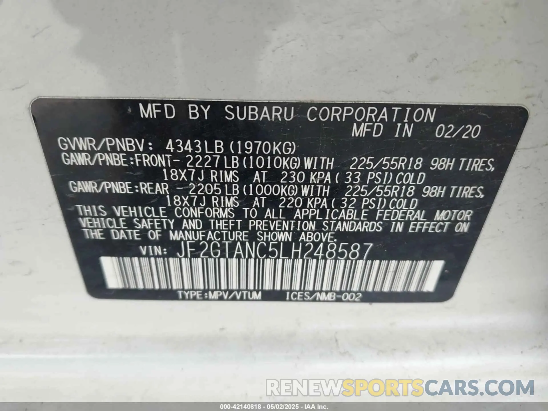 9 Photograph of a damaged car JF2GTANC5LH248587 SUBARU CROSSTREK 2020