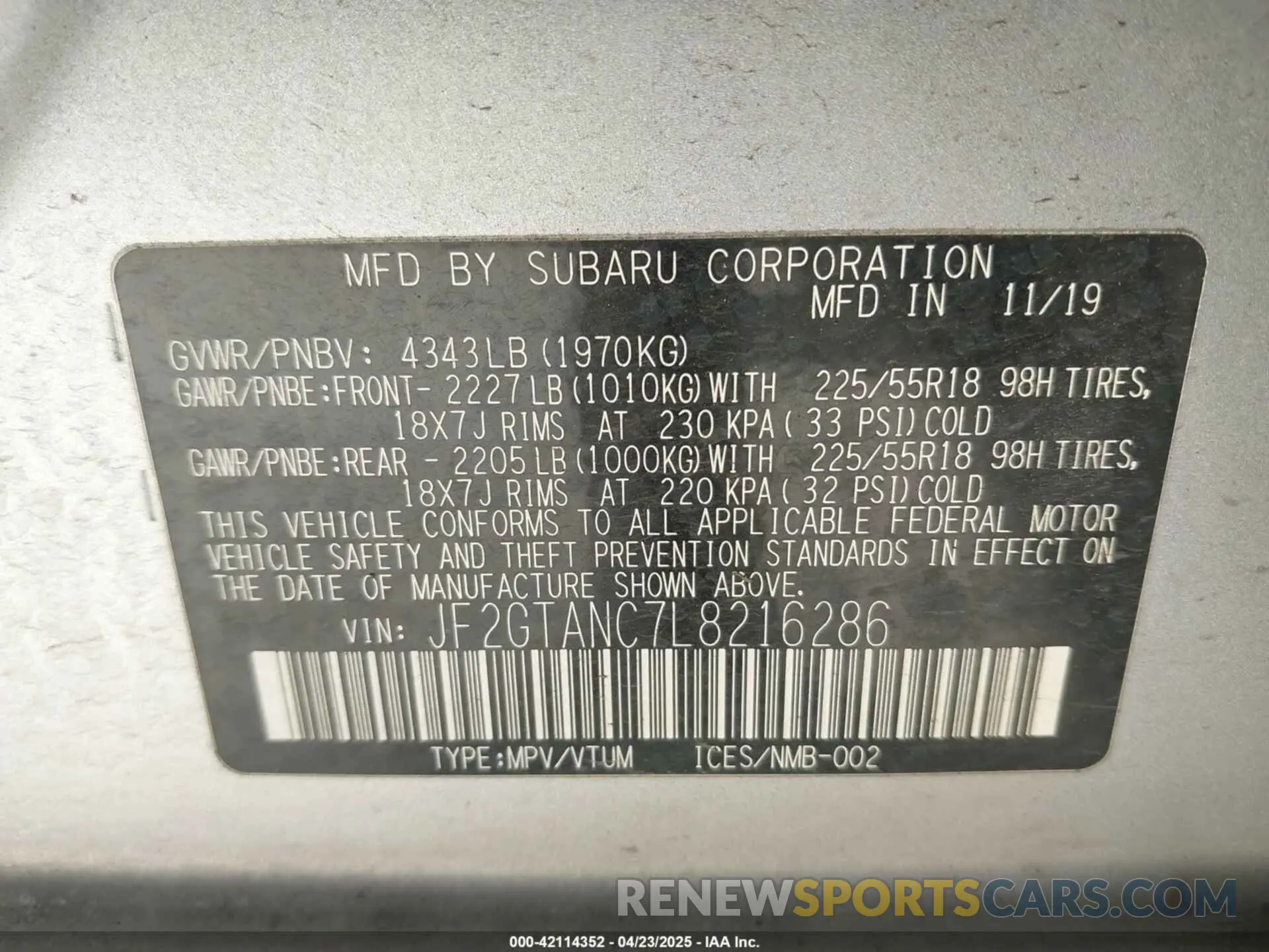 9 Photograph of a damaged car JF2GTANC7L8216286 SUBARU CROSSTREK 2020