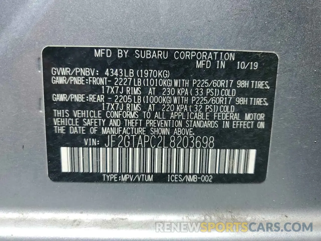 13 Photograph of a damaged car JF2GTAPC2L8203698 SUBARU CROSSTREK 2020