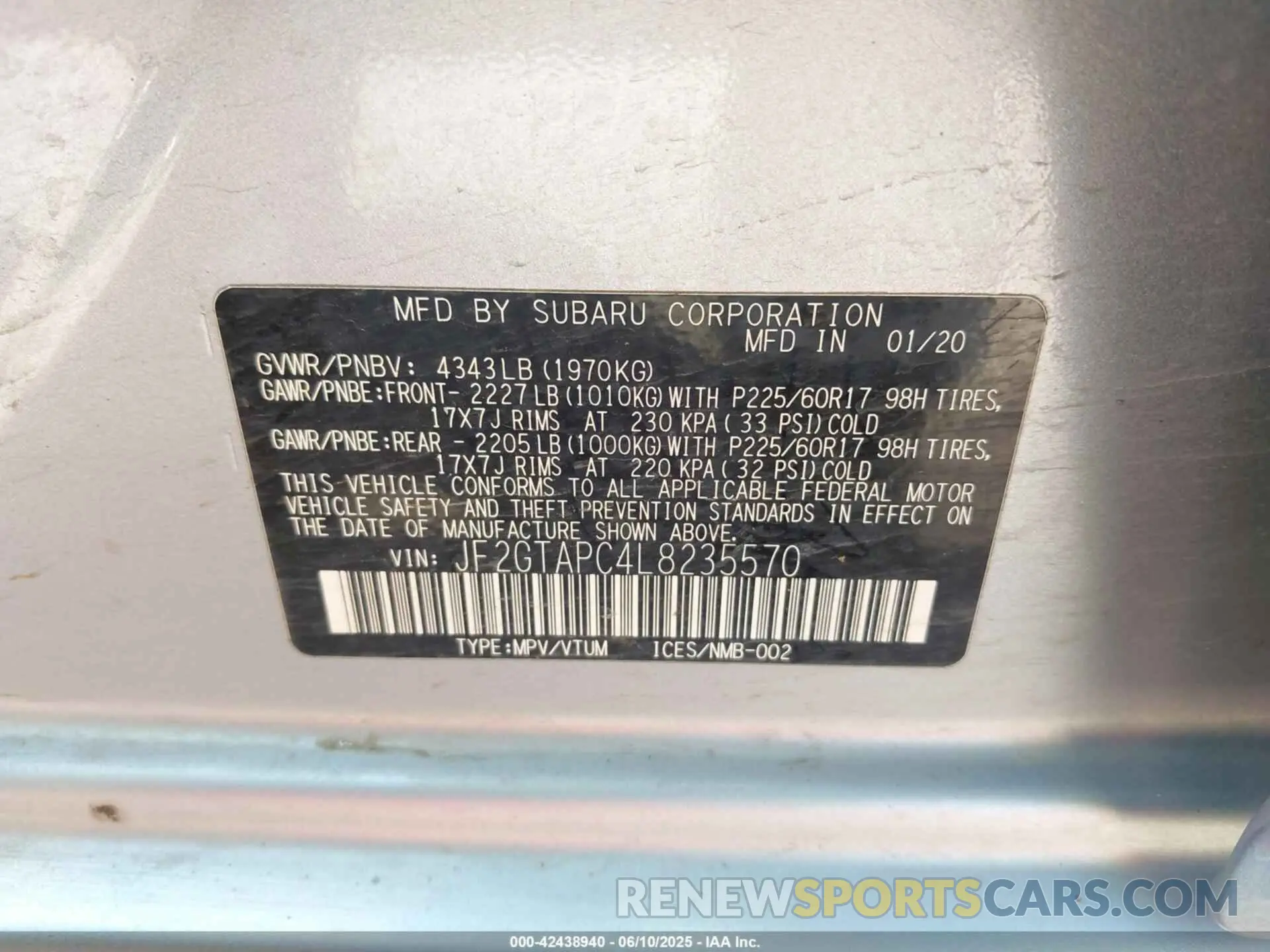 9 Photograph of a damaged car JF2GTAPC4L8235570 SUBARU CROSSTREK 2020