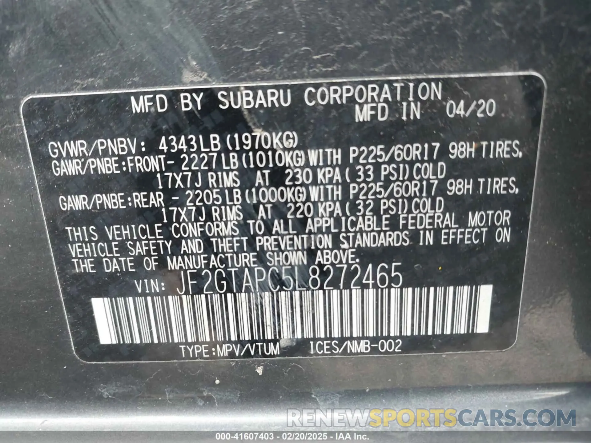 9 Photograph of a damaged car JF2GTAPC5L8272465 SUBARU CROSSTREK 2020