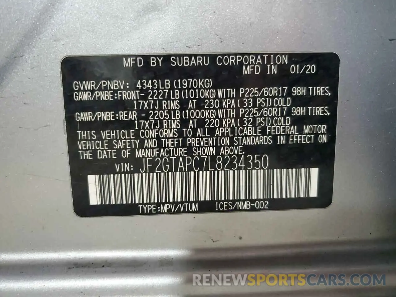 13 Photograph of a damaged car JF2GTAPC7L8234350 SUBARU CROSSTREK 2020