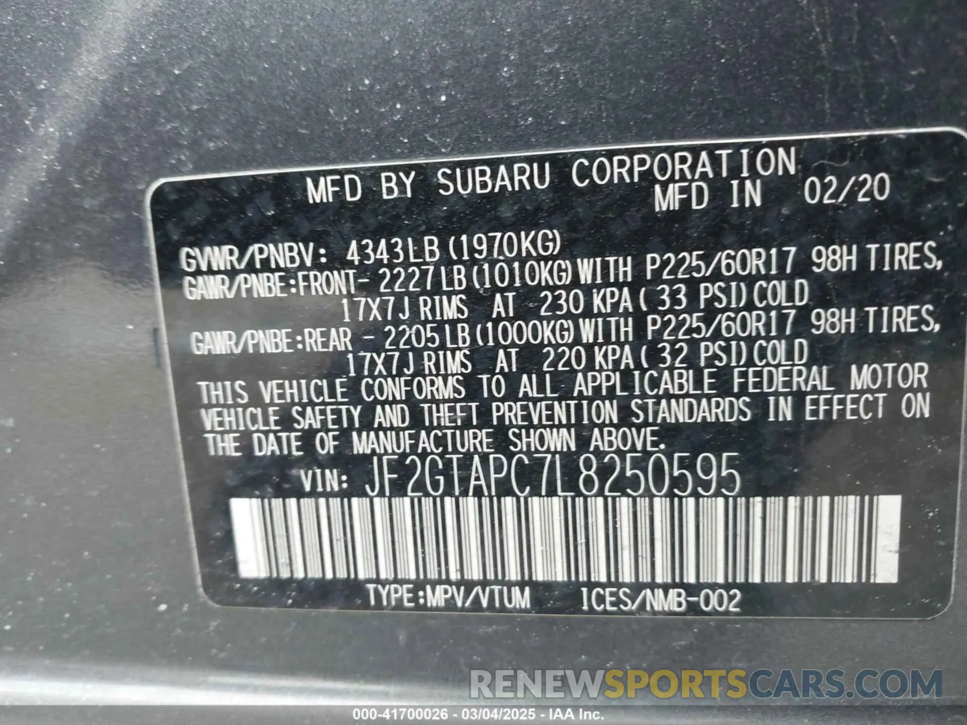 9 Photograph of a damaged car JF2GTAPC7L8250595 SUBARU CROSSTREK 2020