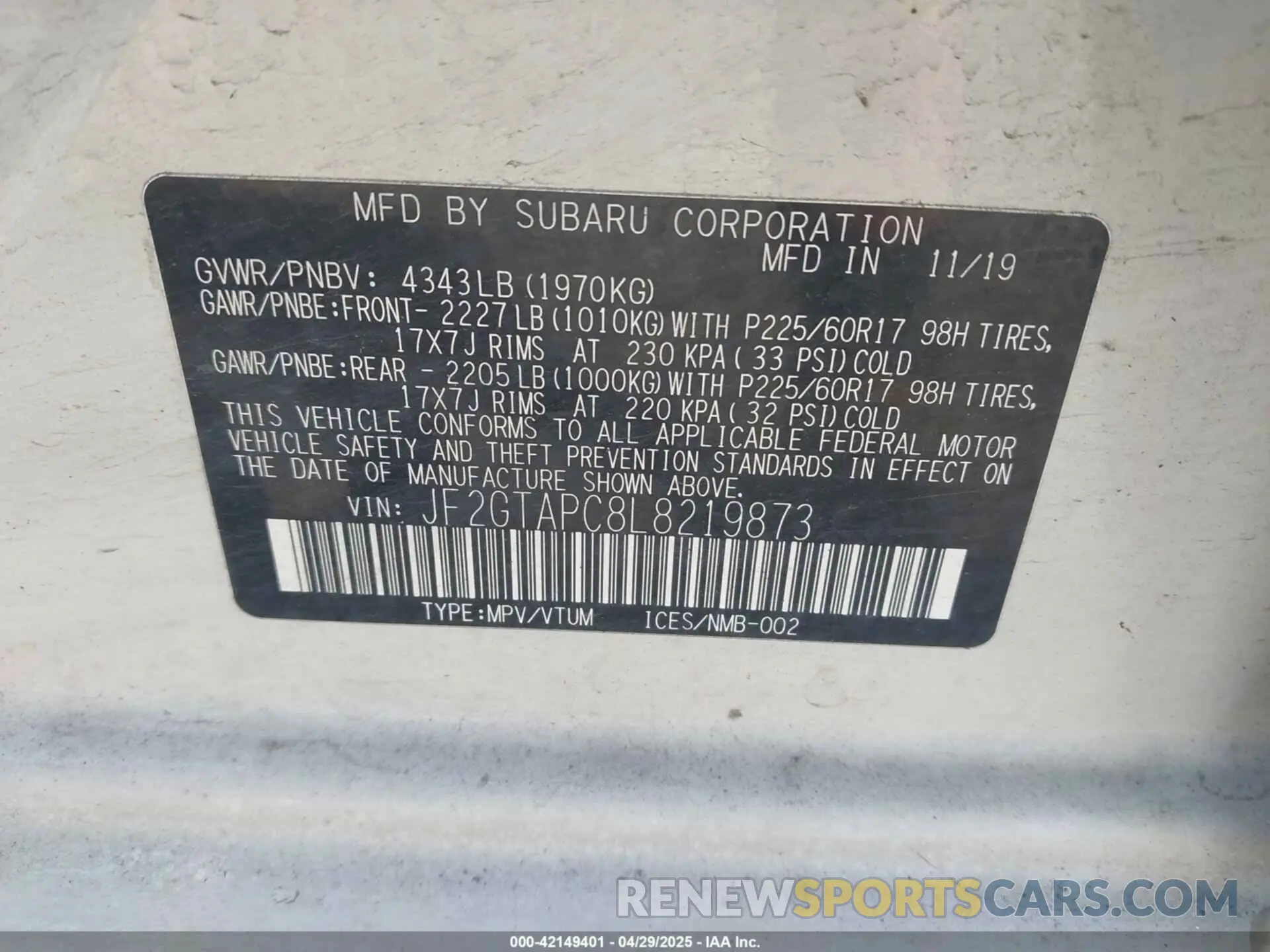 9 Photograph of a damaged car JF2GTAPC8L8219873 SUBARU CROSSTREK 2020