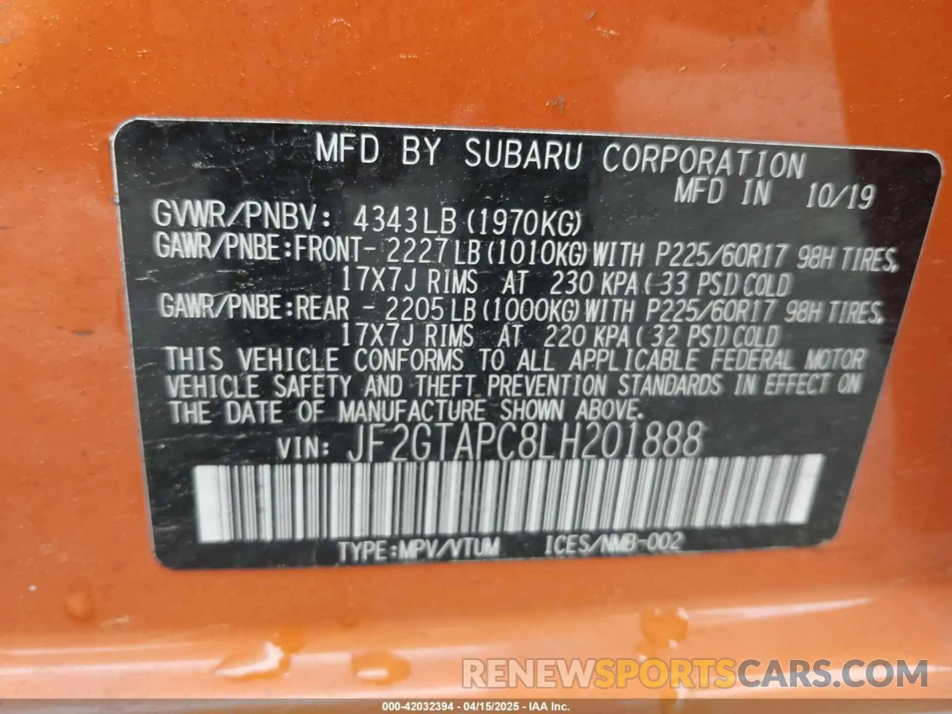 9 Photograph of a damaged car JF2GTAPC8LH201888 SUBARU CROSSTREK 2020