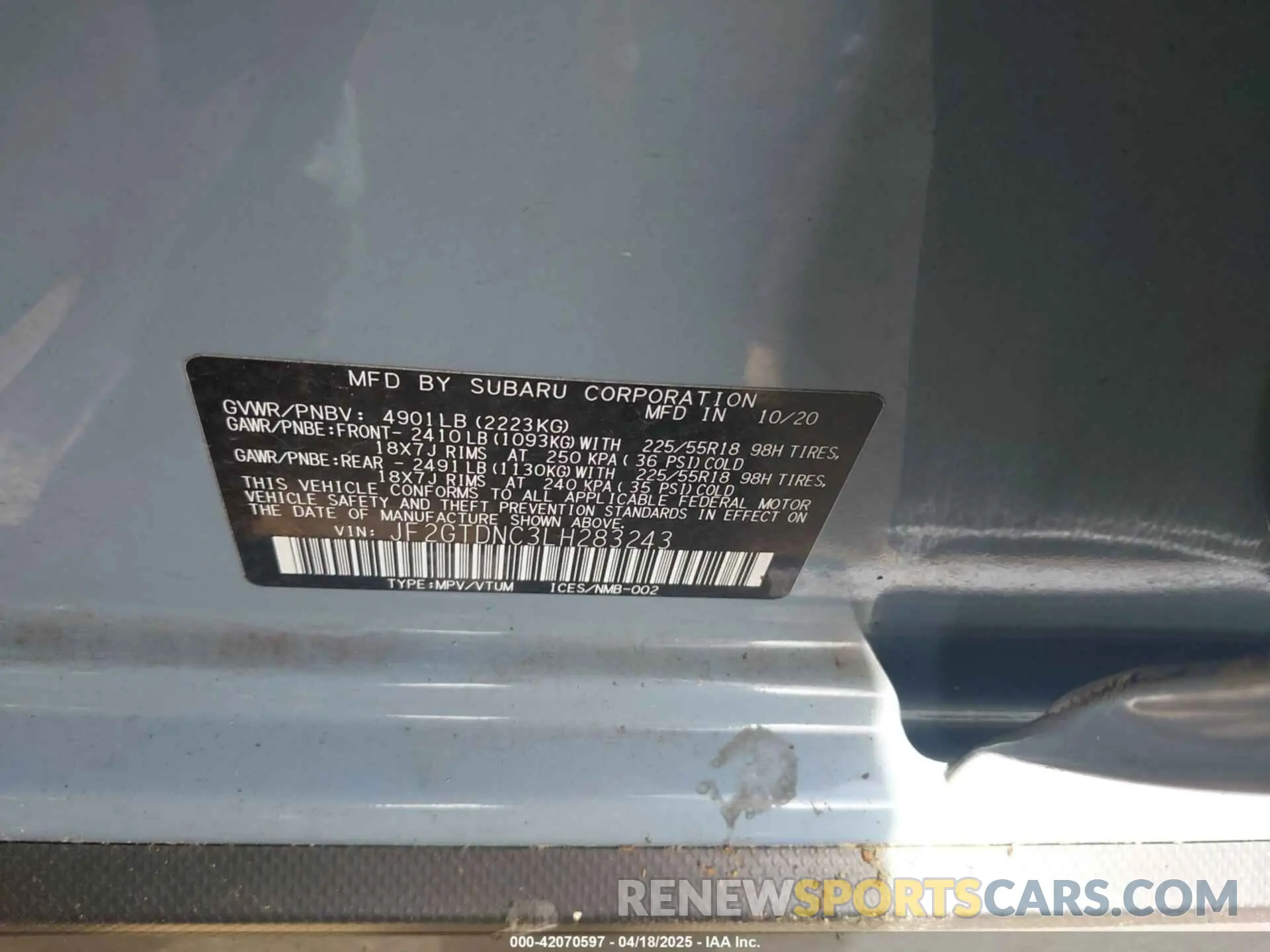 9 Photograph of a damaged car JF2GTDNC3LH283243 SUBARU CROSSTREK 2020