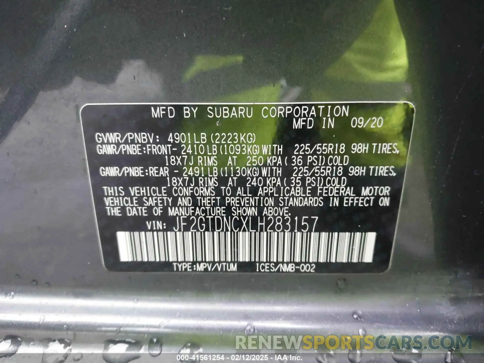 9 Photograph of a damaged car JF2GTDNCXLH283157 SUBARU CROSSTREK 2020