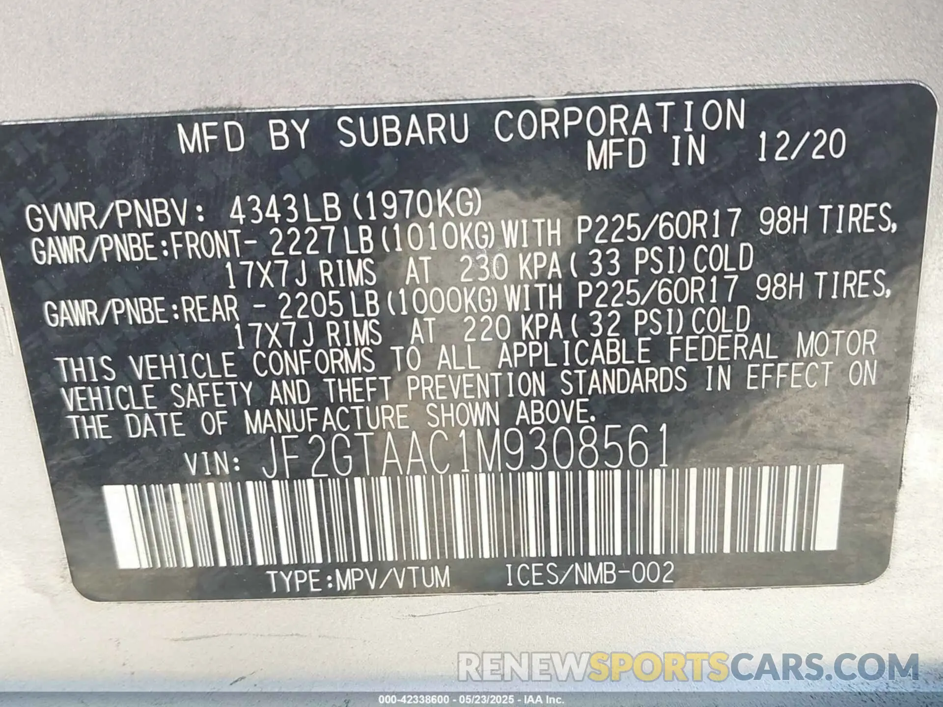 9 Photograph of a damaged car JF2GTAAC1M9308561 SUBARU CROSSTREK 2021