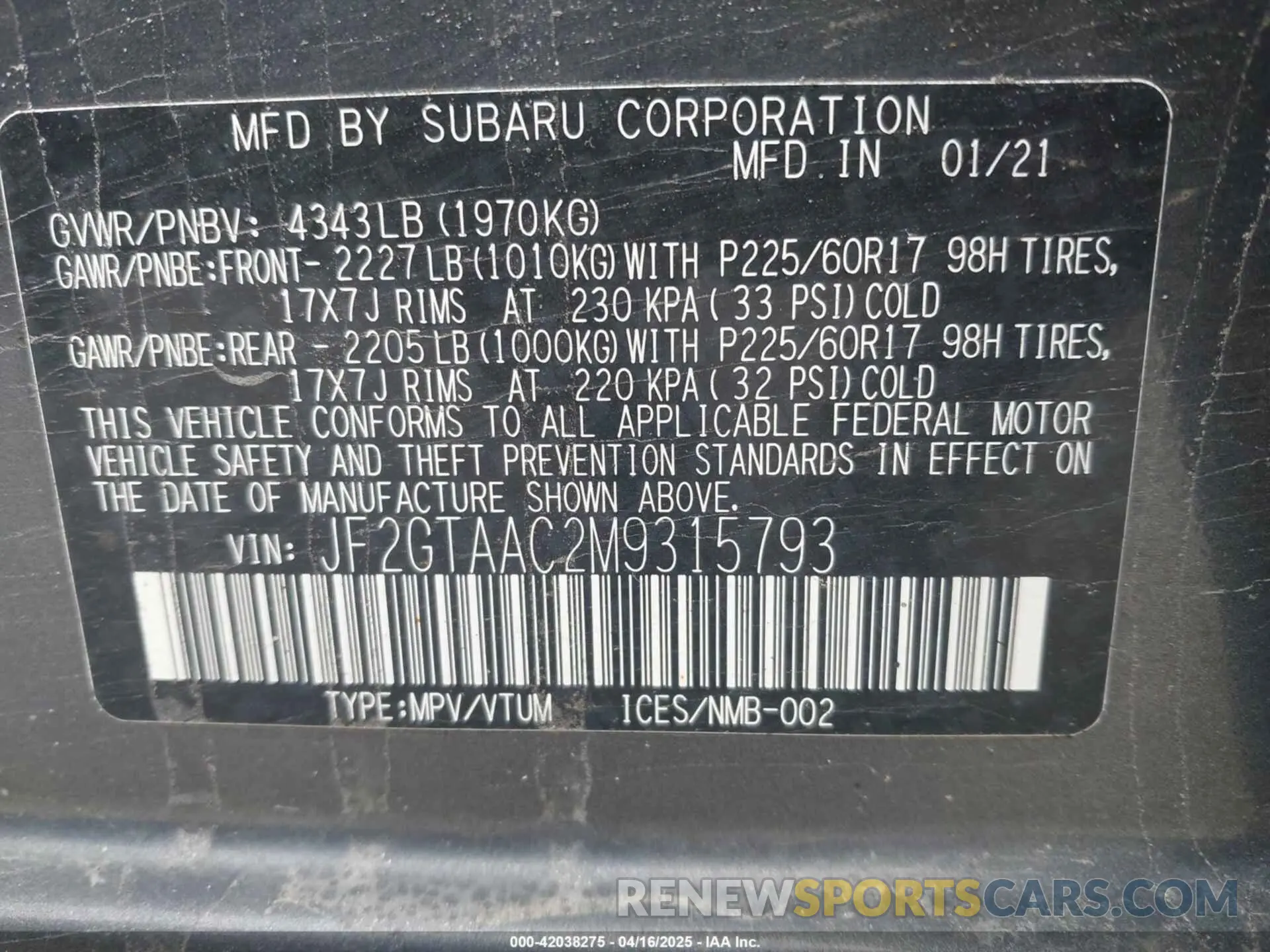 9 Photograph of a damaged car JF2GTAAC2M9315793 SUBARU CROSSTREK 2021