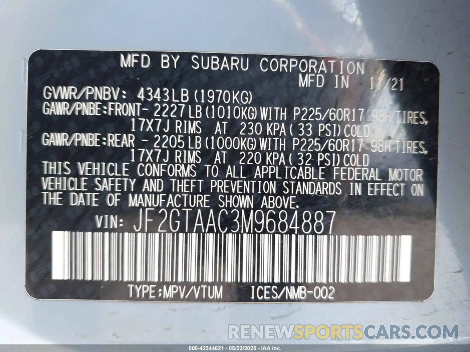 9 Photograph of a damaged car JF2GTAAC3M9684887 SUBARU CROSSTREK 2021