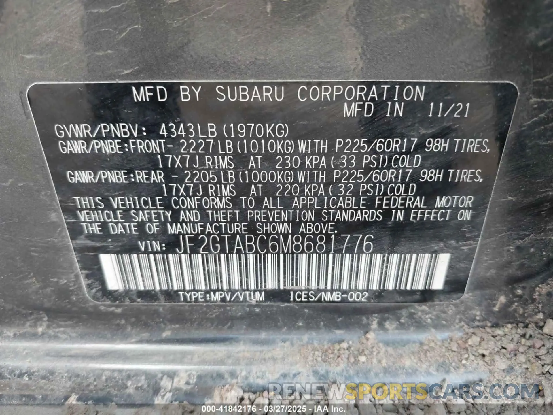 9 Photograph of a damaged car JF2GTABC6M8681776 SUBARU CROSSTREK 2021
