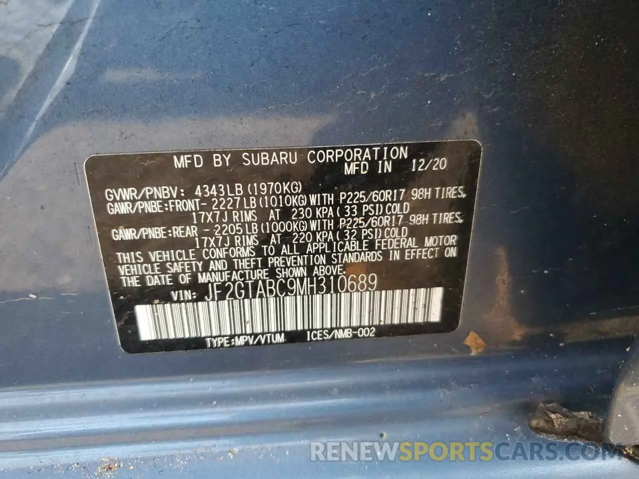 12 Photograph of a damaged car JF2GTABC9MH310689 SUBARU CROSSTREK 2021