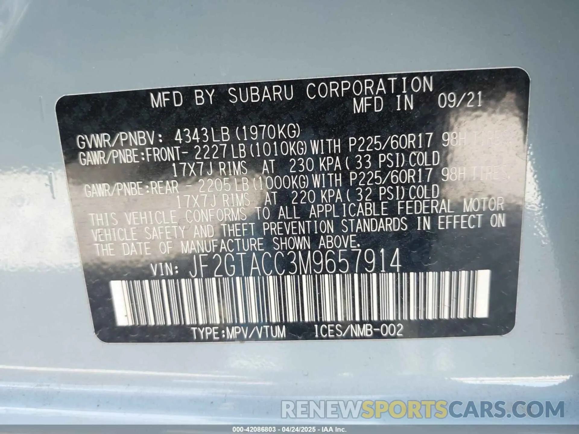 9 Photograph of a damaged car JF2GTACC3M9657914 SUBARU CROSSTREK 2021