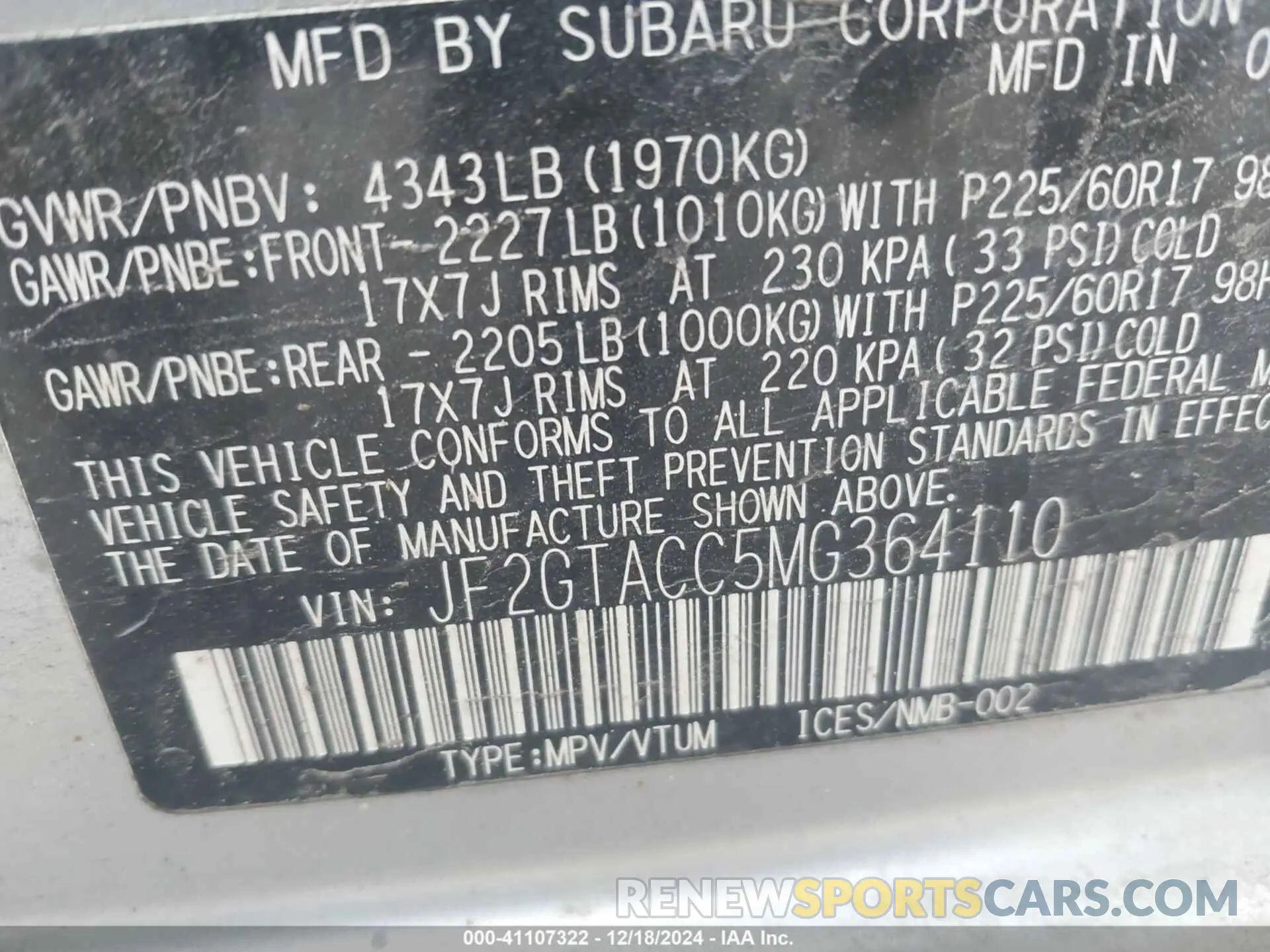 9 Photograph of a damaged car JF2GTACC5MG364110 SUBARU CROSSTREK 2021