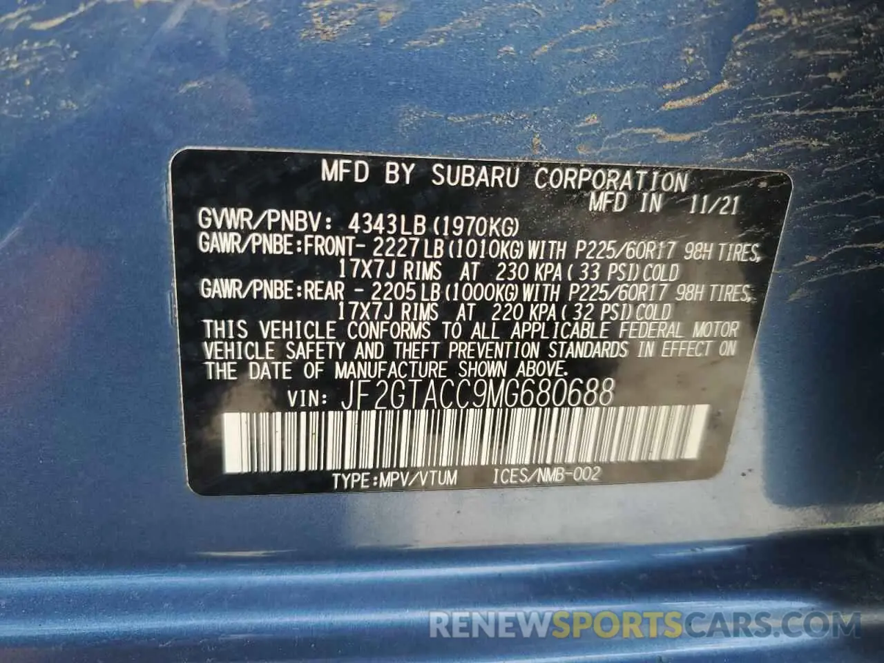 12 Photograph of a damaged car JF2GTACC9MG680688 SUBARU CROSSTREK 2021