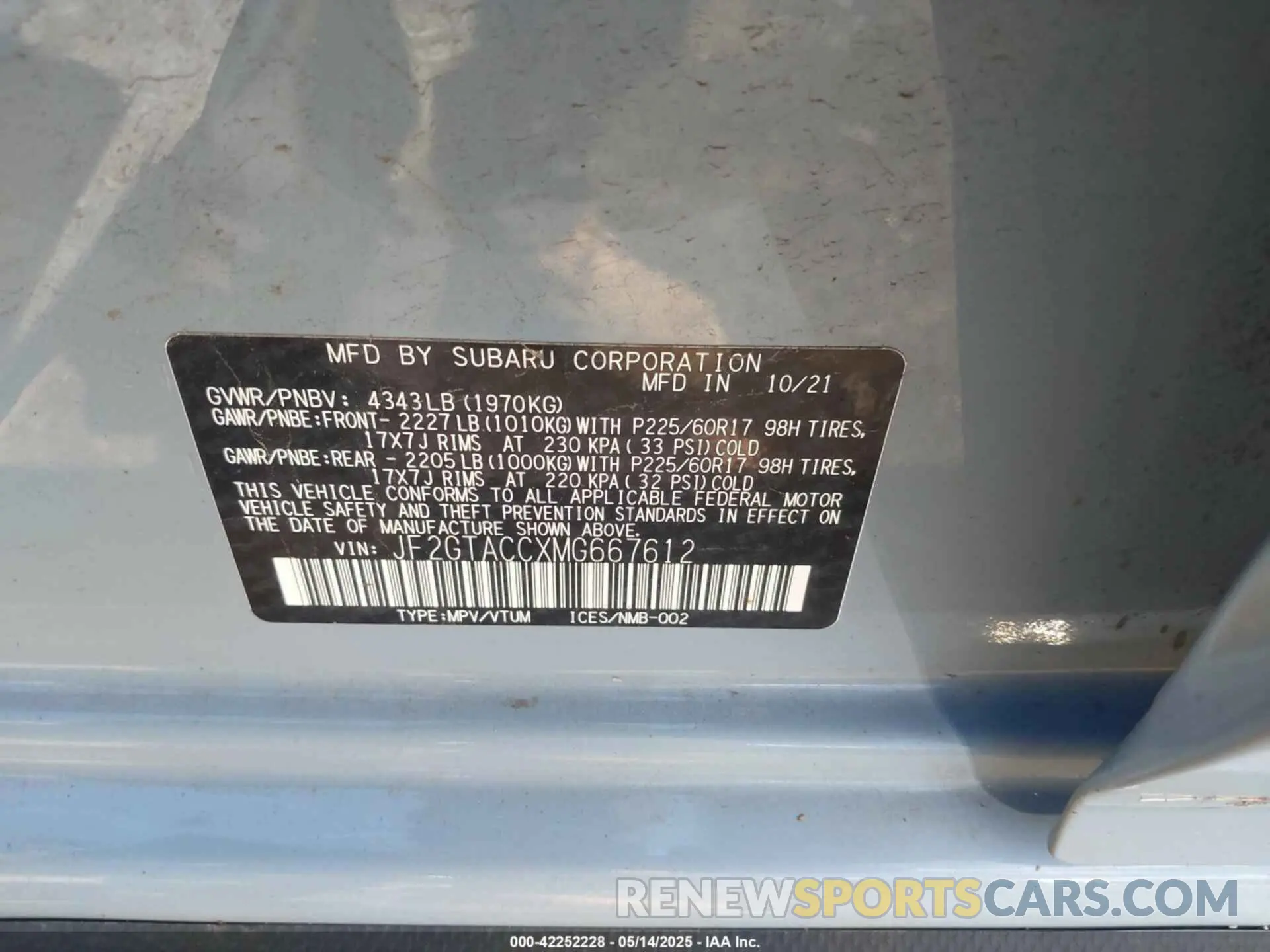 9 Photograph of a damaged car JF2GTACCXMG667612 SUBARU CROSSTREK 2021