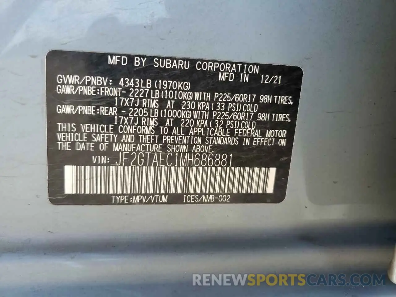 13 Photograph of a damaged car JF2GTAEC1MH686881 SUBARU CROSSTREK 2021