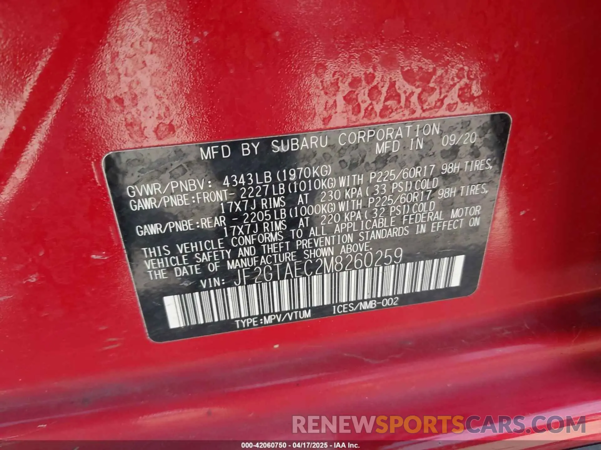 9 Photograph of a damaged car JF2GTAEC2M8260259 SUBARU CROSSTREK 2021